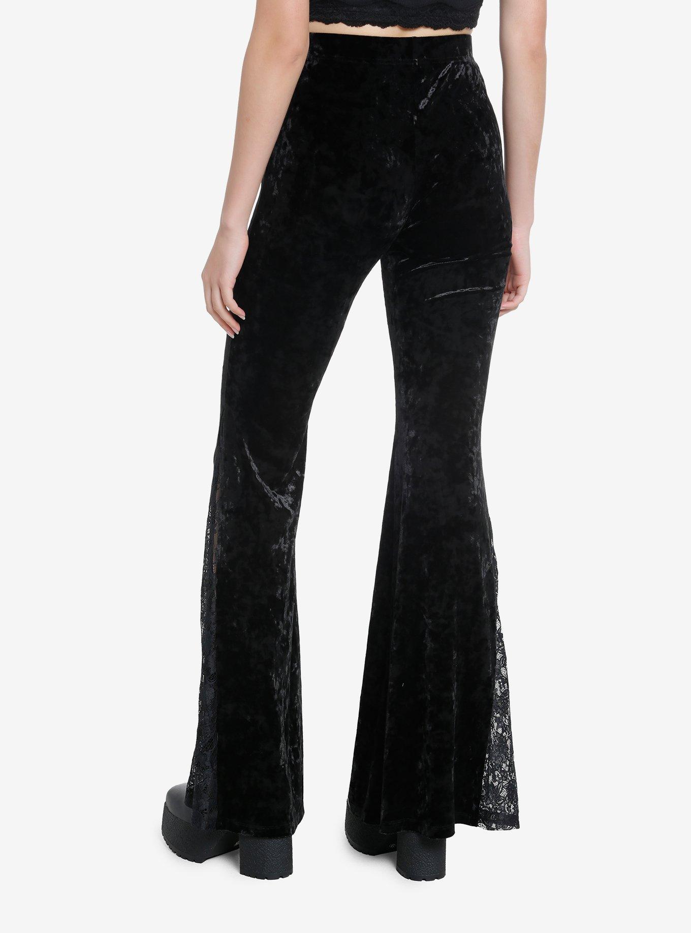 Black Velvet Lace Bell Bottom Leggings, BLACK, alternate