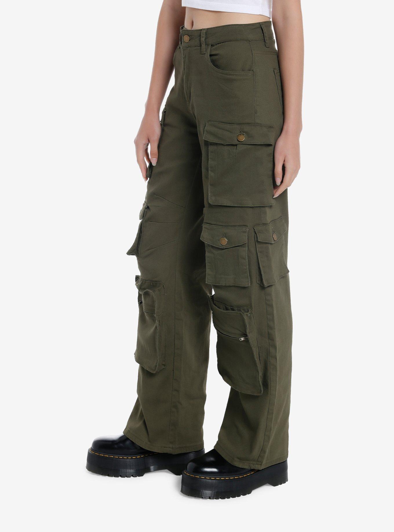 Olive Green Multi-Pocket Girls Cargo Pants, GREEN, alternate