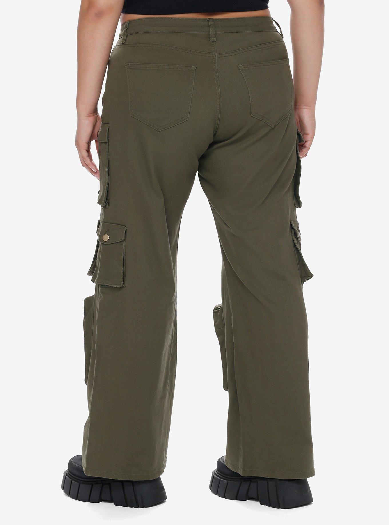 Olive Green Multi-Pocket Girls Cargo Pants Plus Size, GREEN, alternate