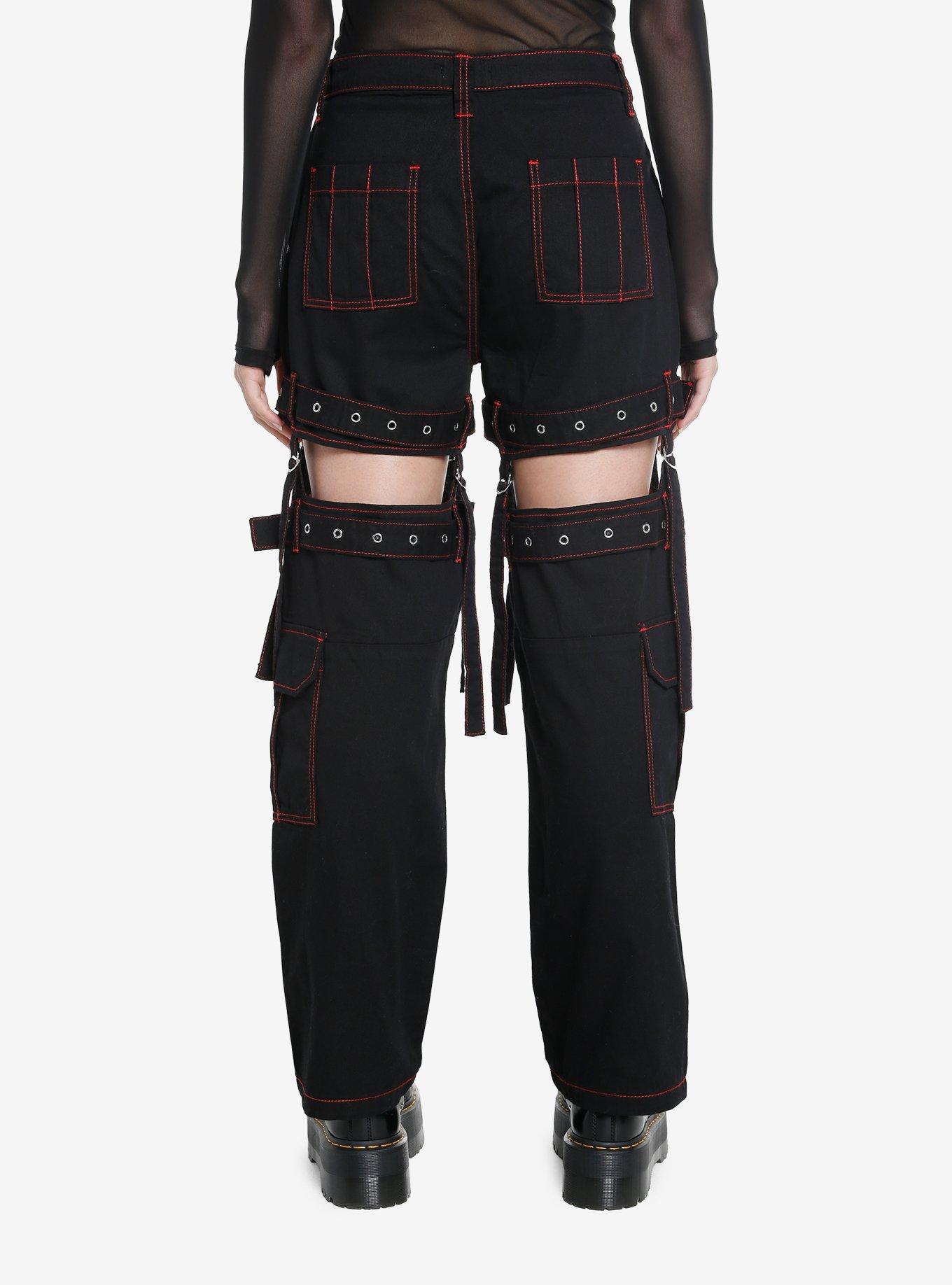 Black & Red Contrast Stitch Garter Carpenter Pants, , alternate
