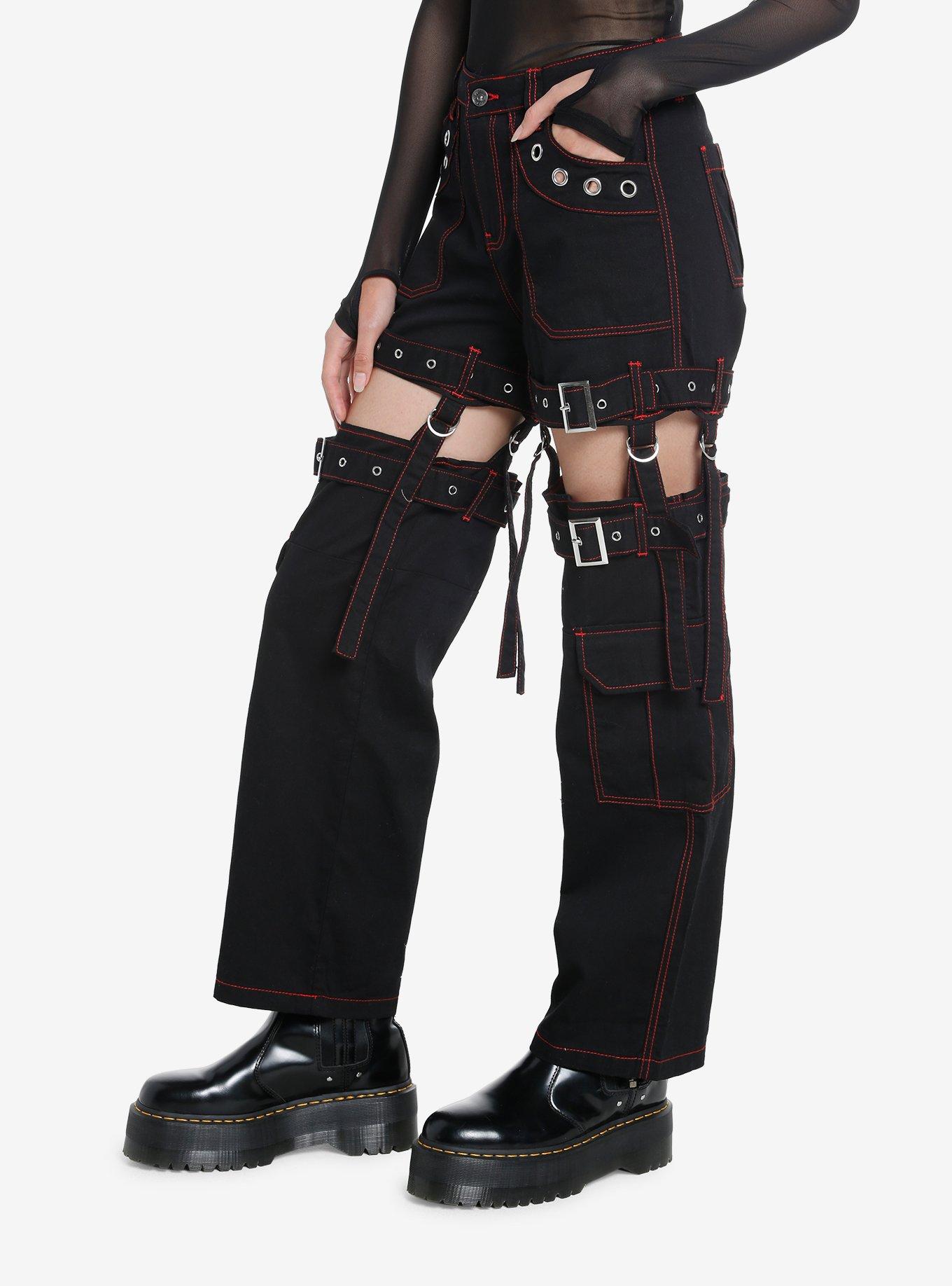 Black & Red Contrast Stitch Garter Carpenter Pants, , alternate