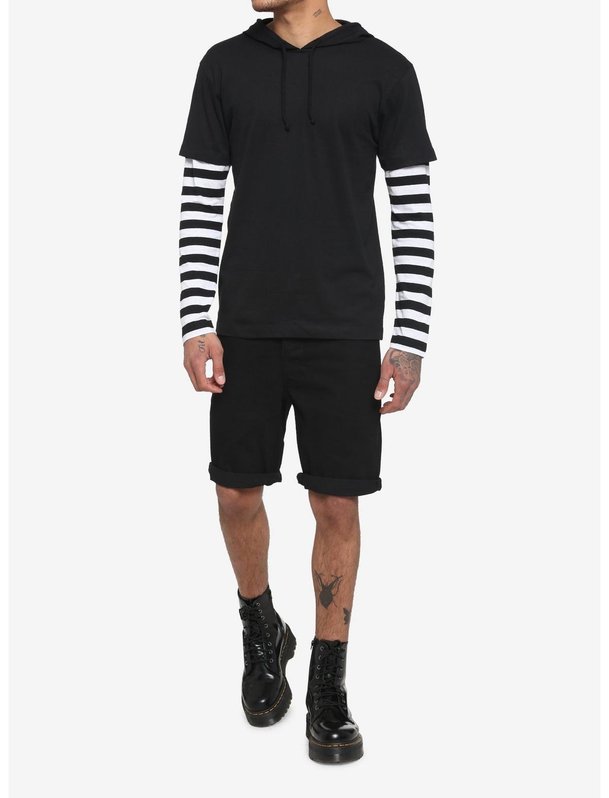 Black & White Stripe Twofer Hooded Long-Sleeve T-Shirt, STRIPE-BLACK WHITE, alternate