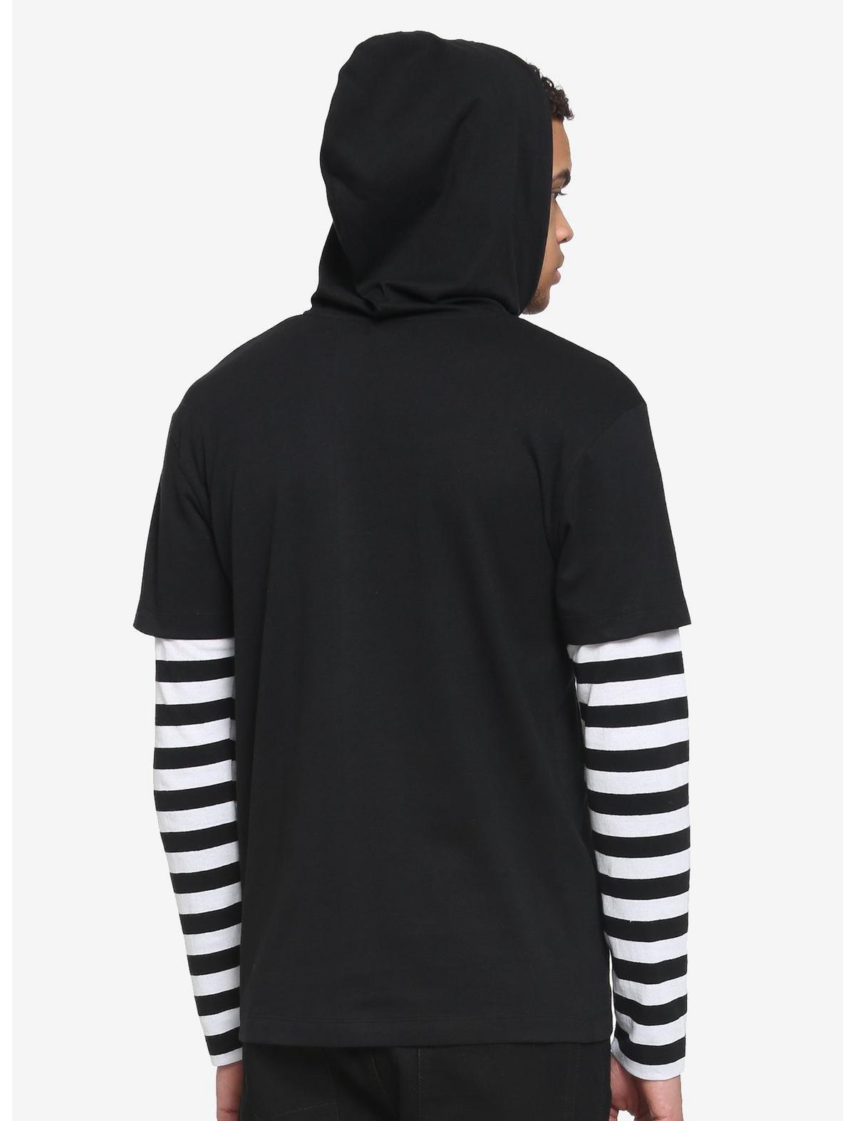 Black & White Stripe Twofer Hooded Long-Sleeve T-Shirt, STRIPE-BLACK WHITE, alternate