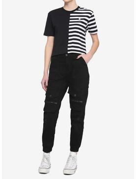 Black & White Stripe Split Girls Boxy Crop T-Shirt, , hi-res