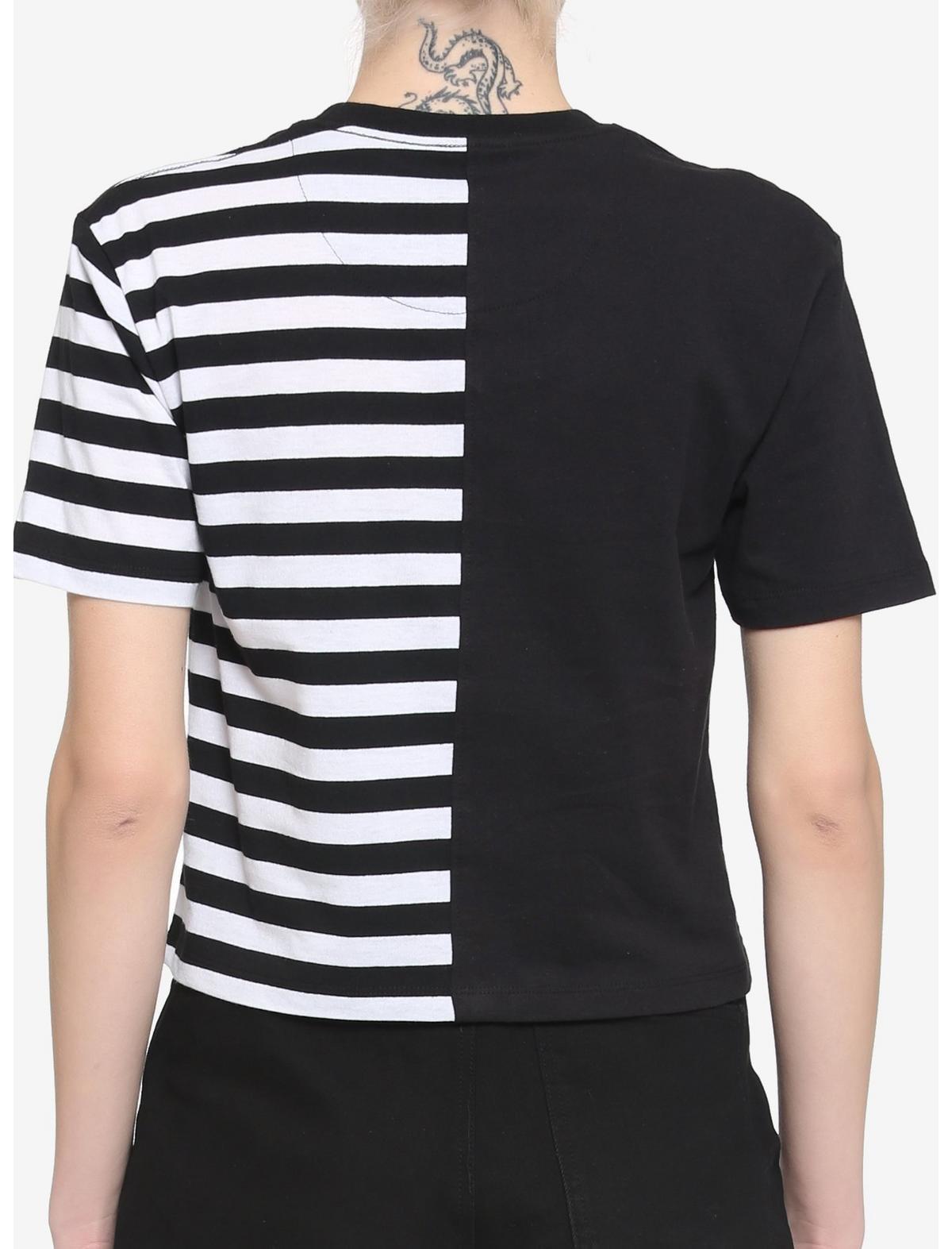 Black & White Stripe Split Girls Boxy Crop T-Shirt, STRIPE-BLACK WHITE, alternate