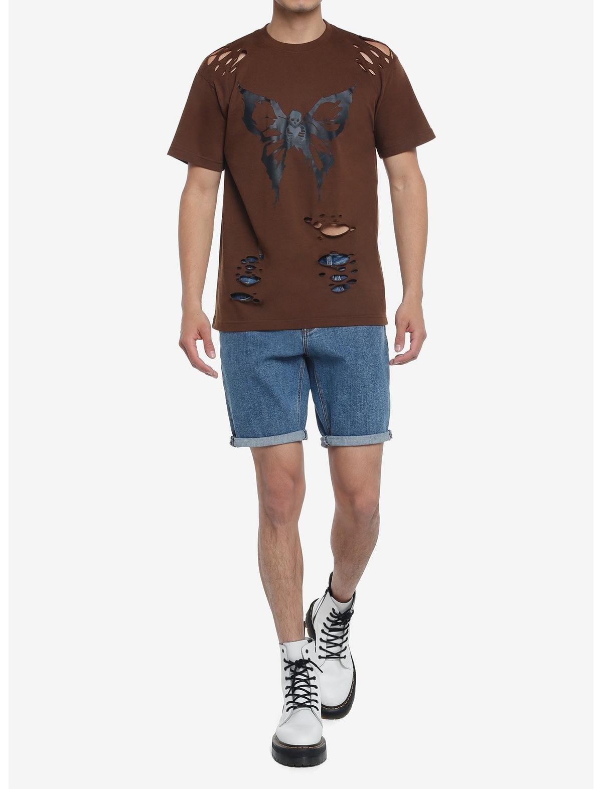 Grunge Butterfly Skull Distressed T-Shirt