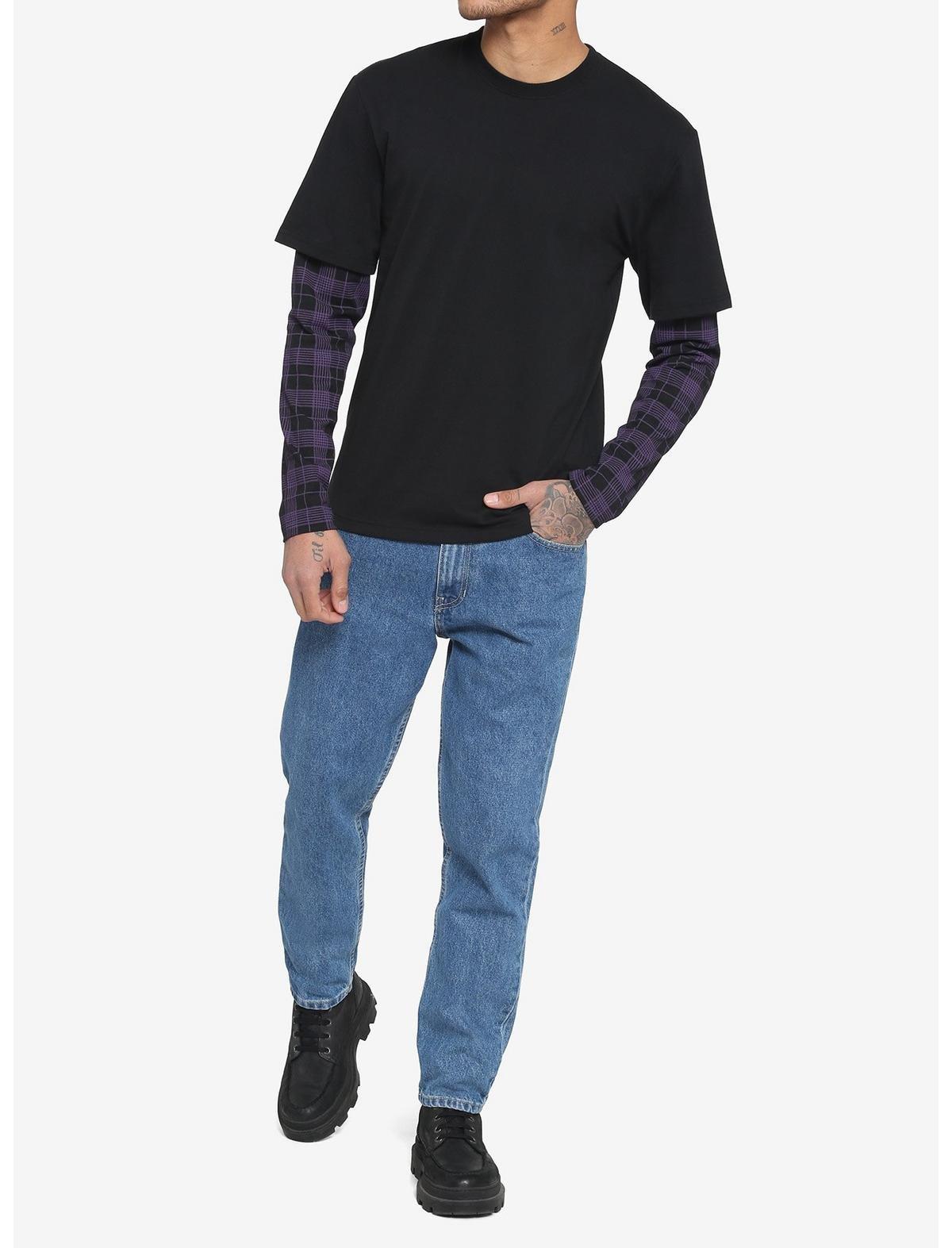 Black & Purple Plaid Sleeve Twofer Long-Sleeve T-Shirt, PURPLE  BLACK, alternate