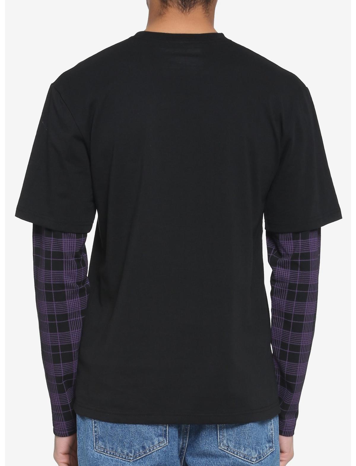 Black & Purple Plaid Sleeve Twofer Long-Sleeve T-Shirt, PURPLE  BLACK, alternate