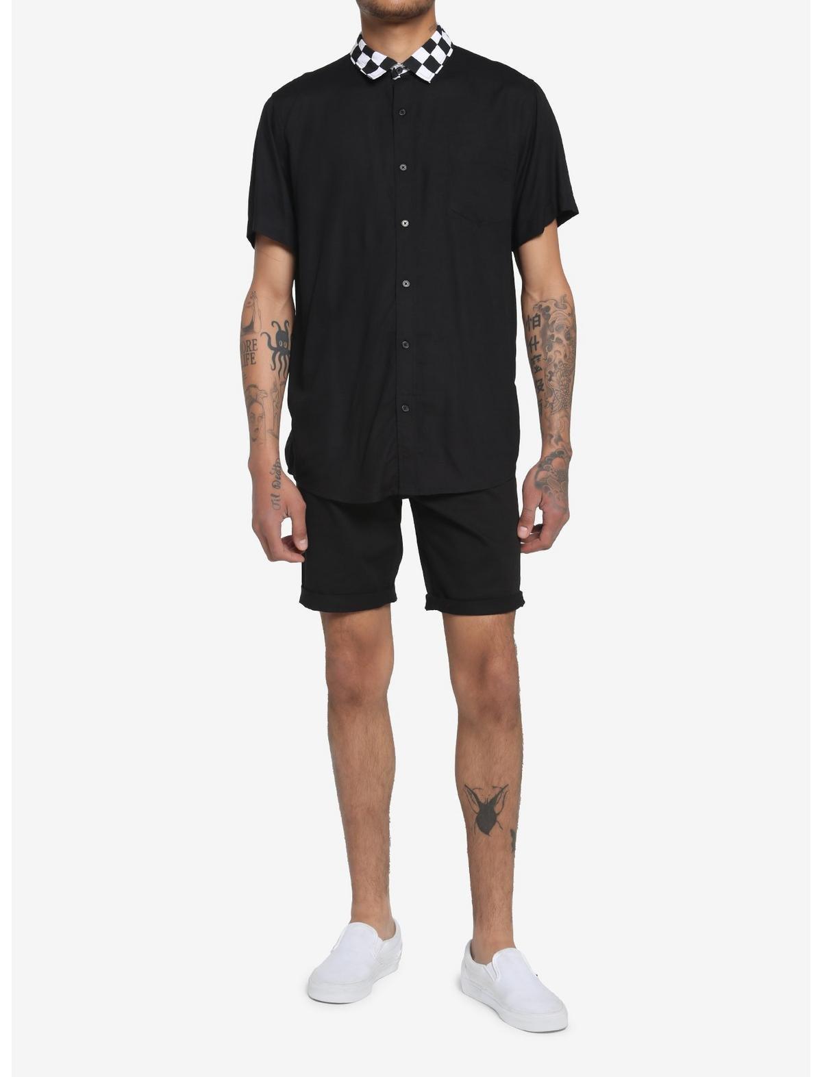 Black & White Checkered Collar Woven Button-Up, , hi-res