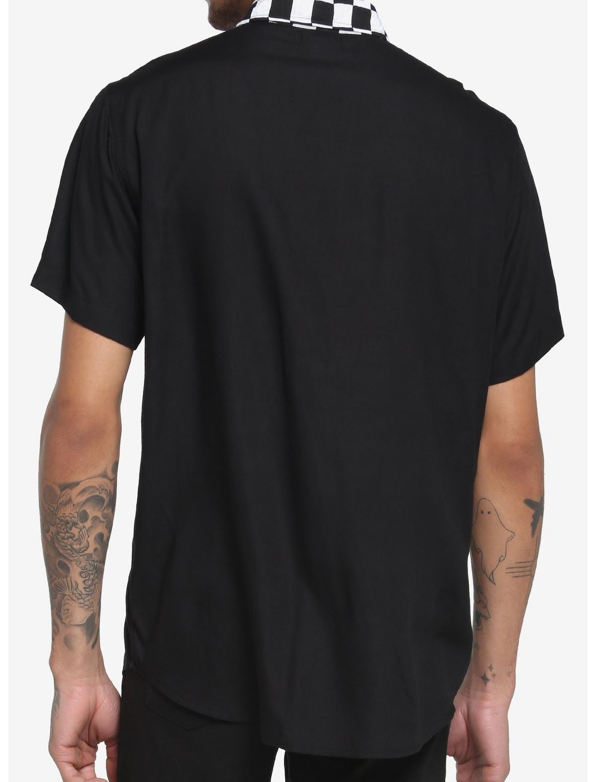 Black & White Checkered Collar Woven Button-Up, BLACK, alternate