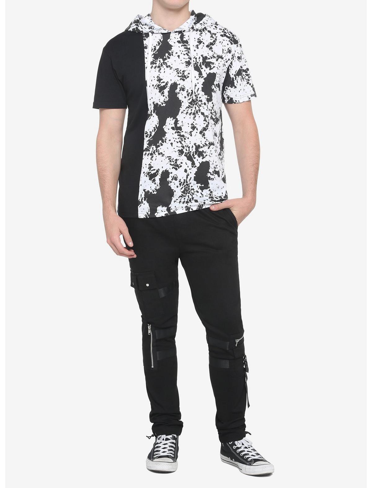 Black & White Splatter Split Short-Sleeve Hoodie, BLACK-WHITE, alternate