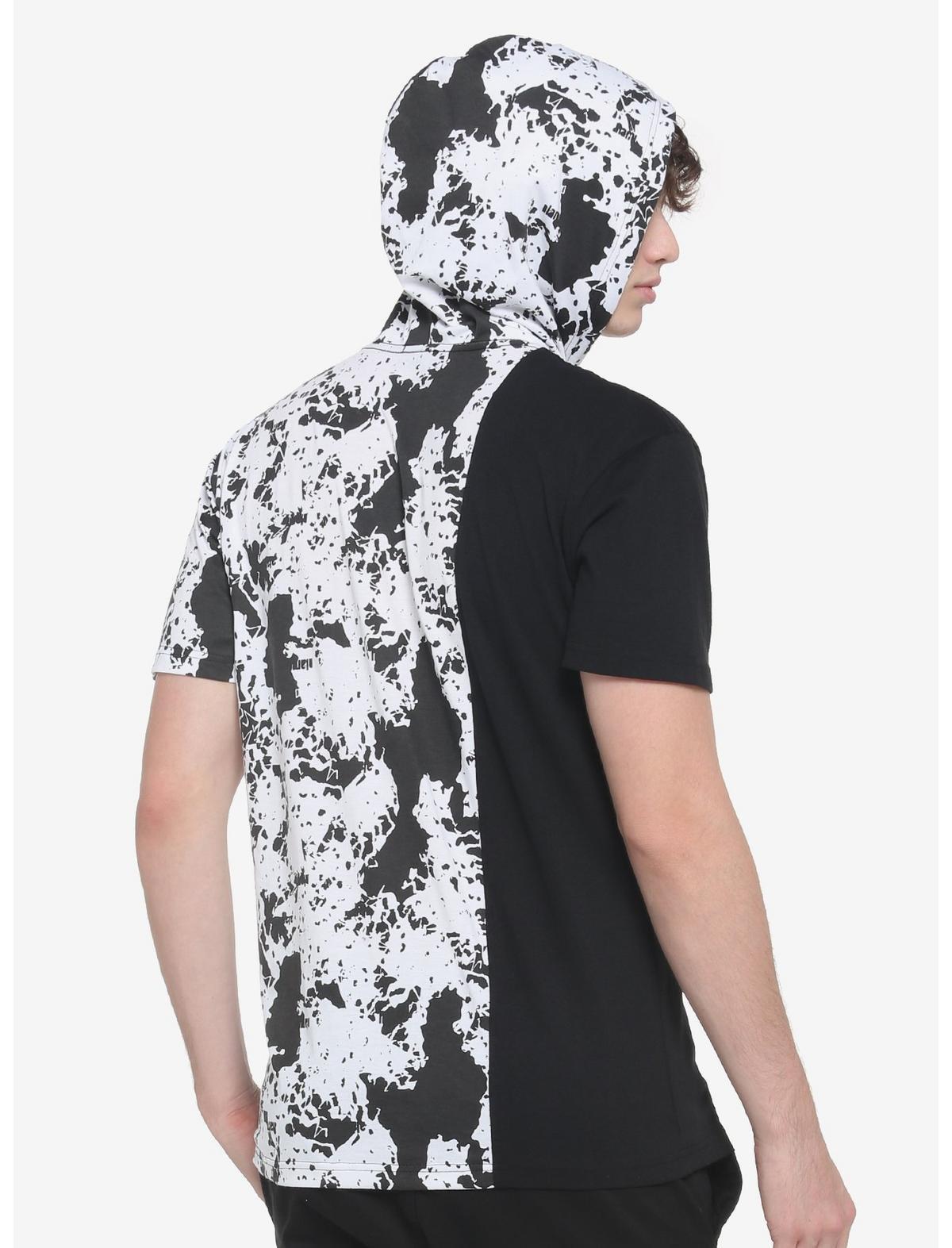 Black & White Splatter Split Short-Sleeve Hoodie, BLACK-WHITE, alternate