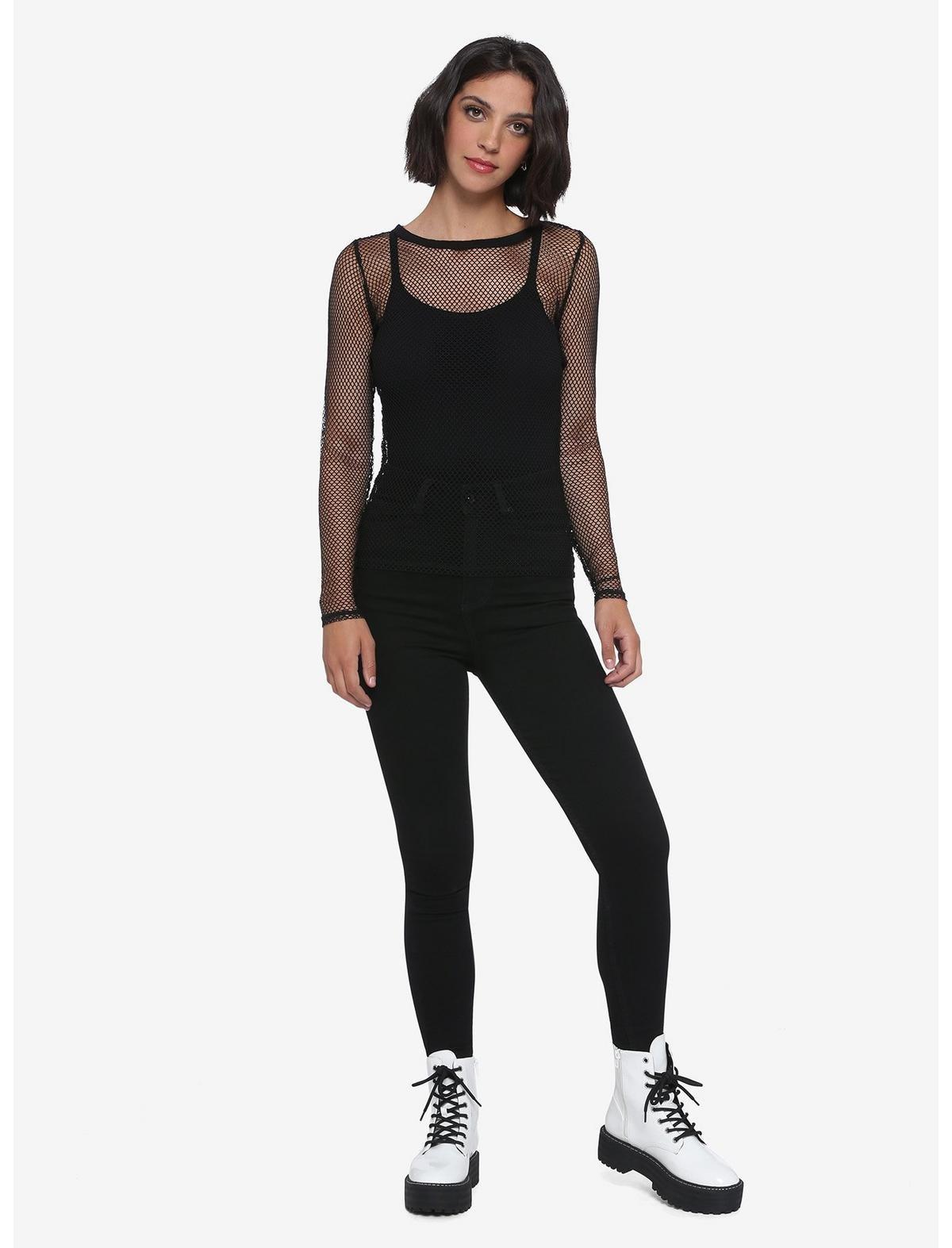 Black Fishnet Mesh Girls Long-Sleeve Top, , hi-res