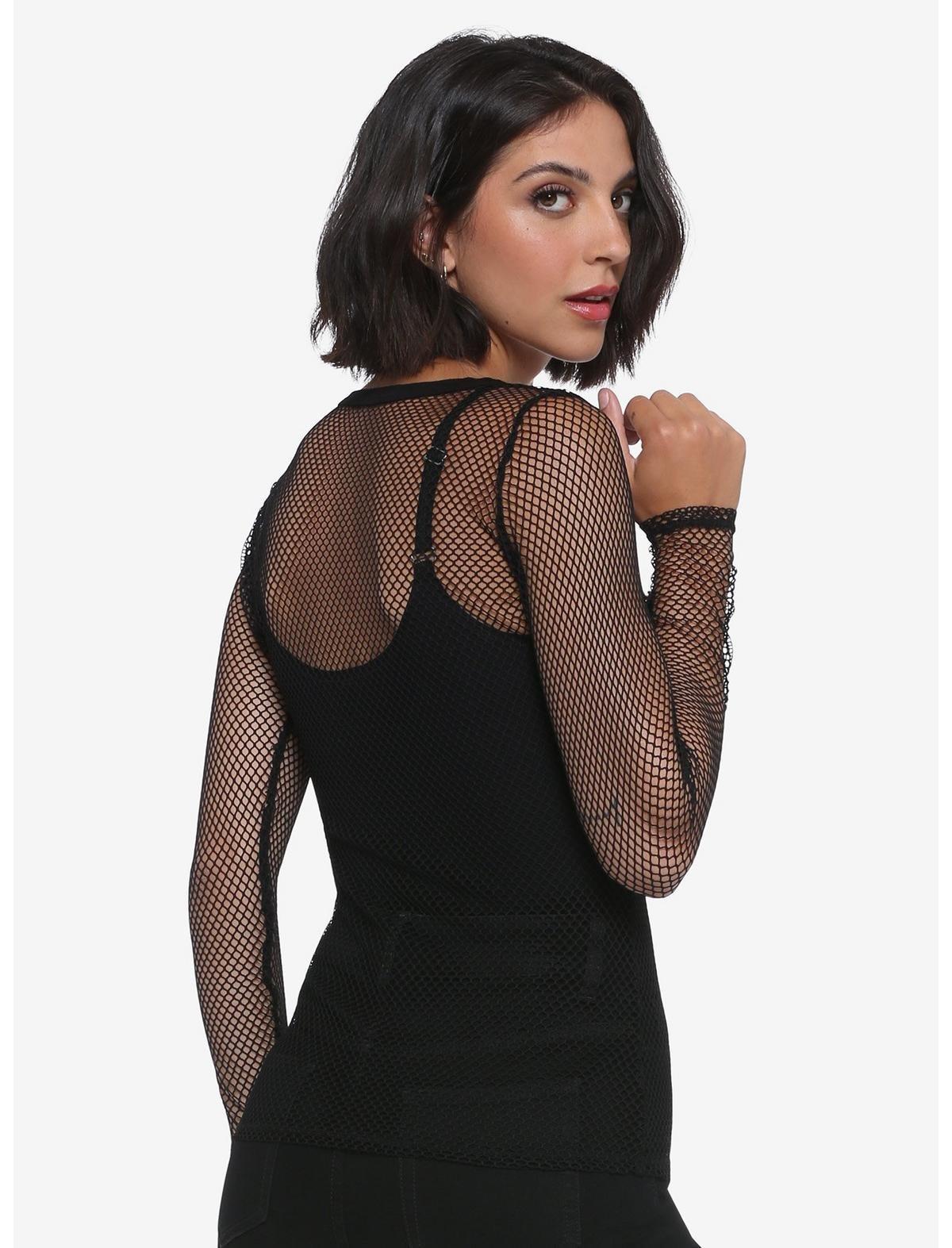 Black Fishnet Mesh Girls Long-Sleeve Top, BLACK, alternate - view 3