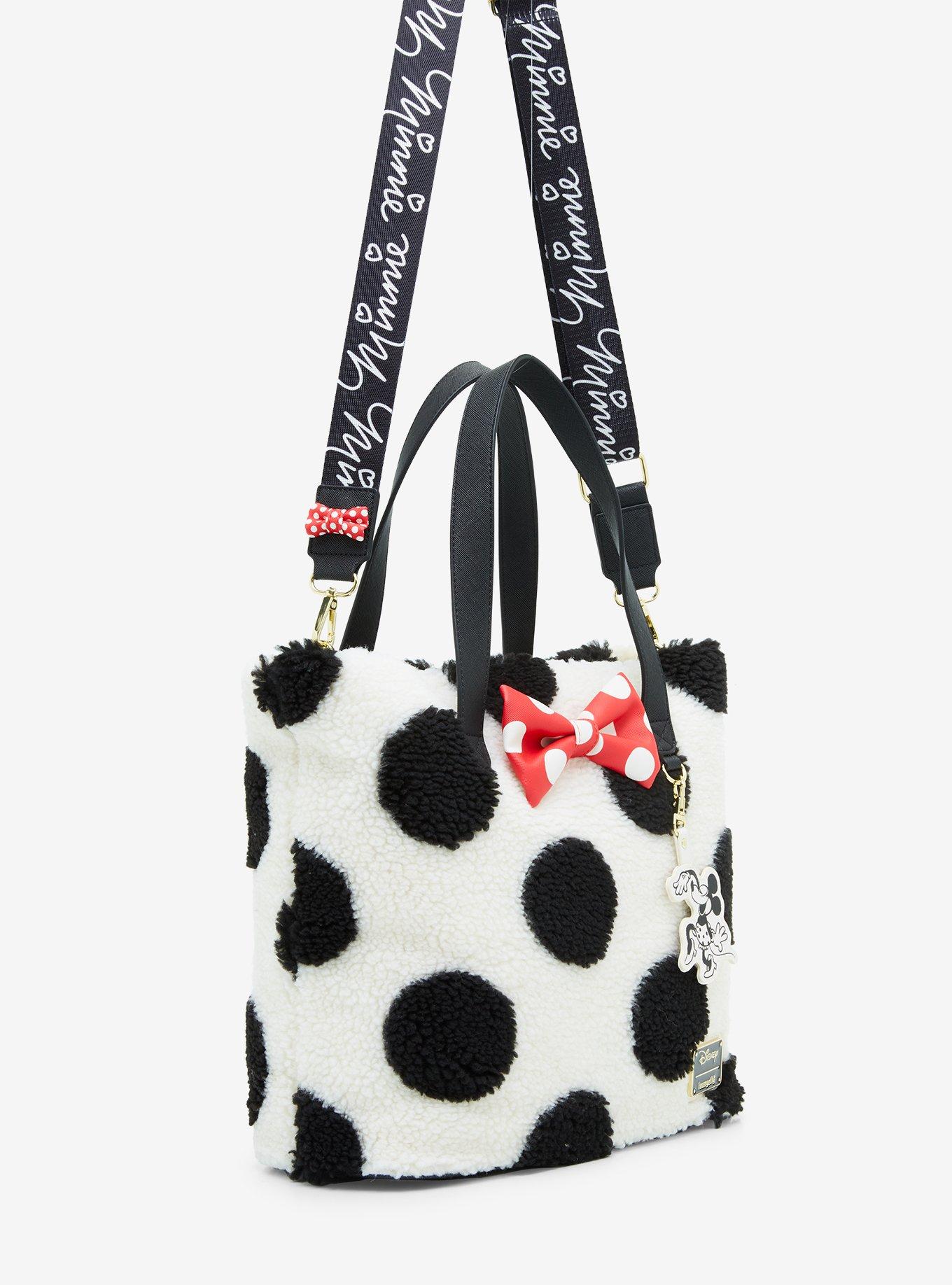 Loungefly Disney Minnie Mouse Black and White Polka Dot Sherpa Tote Bag, , hi-res