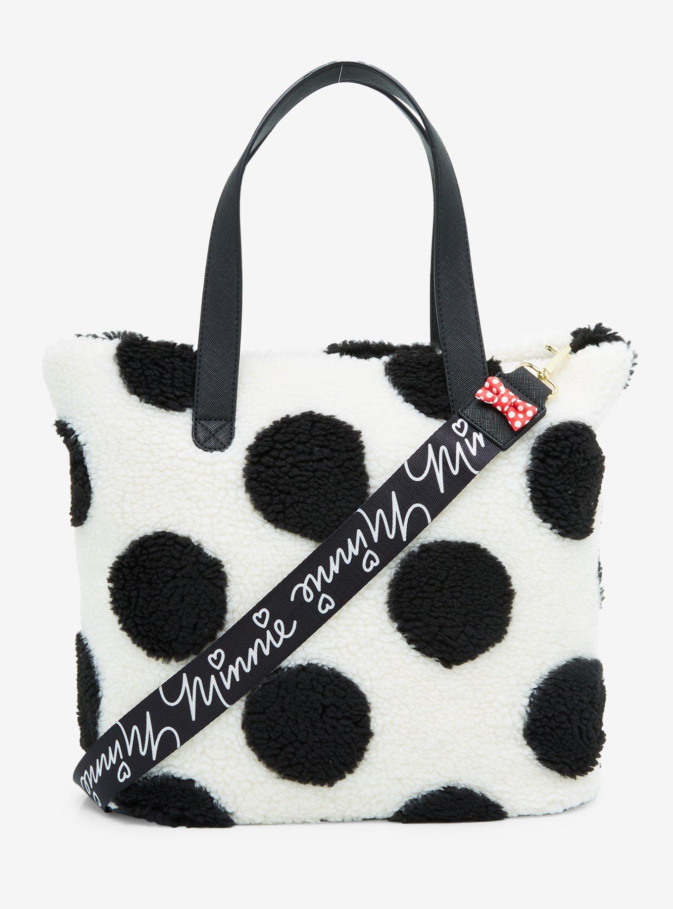 Loungefly Disney Minnie Mouse Black and White Polka Dot Sherpa Tote Bag, , alternate