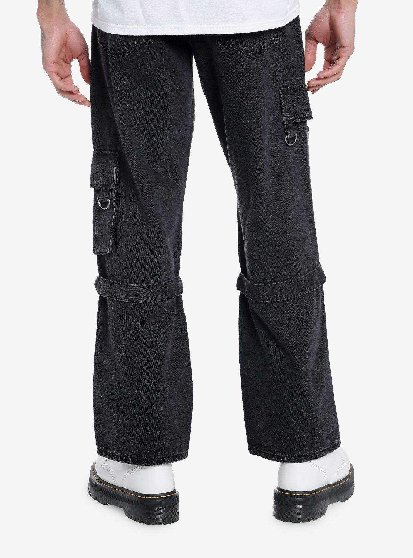 Black Snap-Button Straight Leg Denim Pants, BLUE, alternate