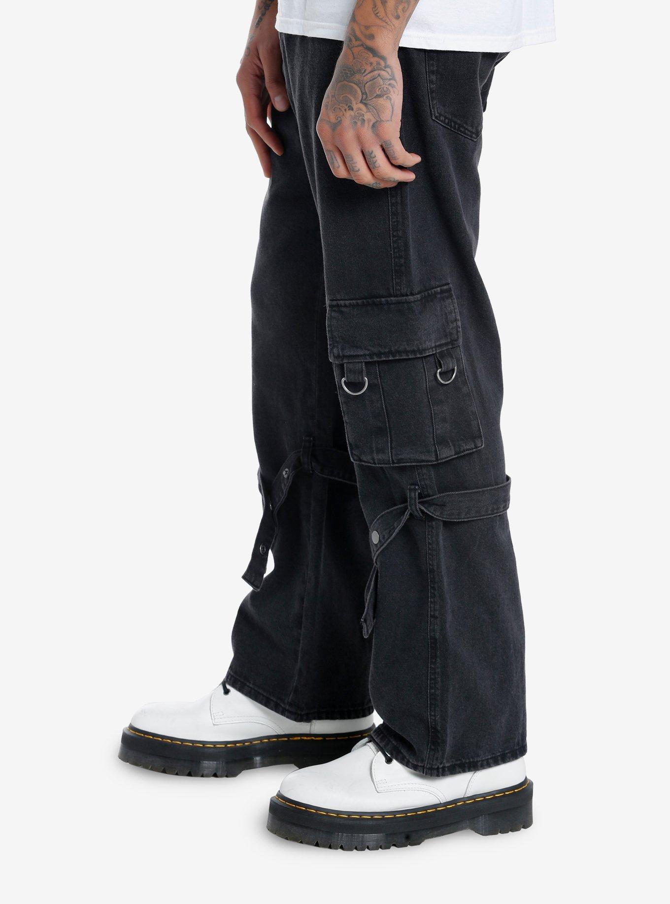 Black Snap-Button Straight Leg Denim Pants, BLUE, alternate