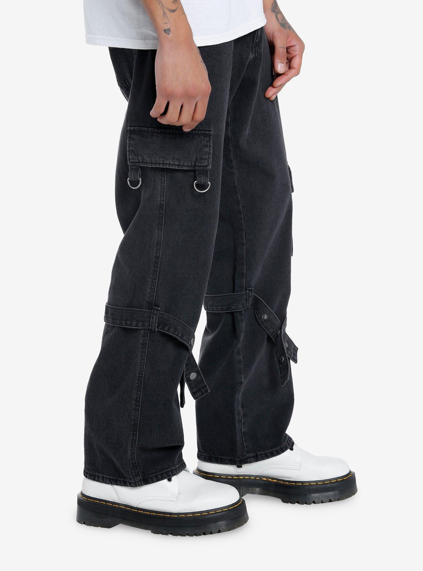 Black Snap-Button Straight Leg Denim Pants, BLUE, alternate