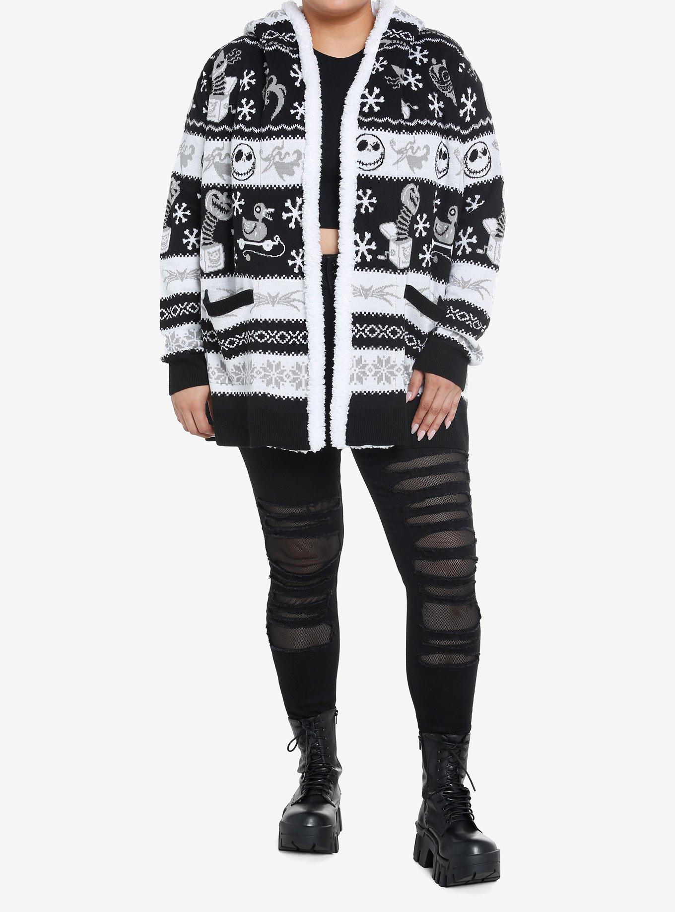 The Nightmare Before Christmas Fair Isle Sherpa Open Cardigan Plus Size, BLACK  WHITE, alternate