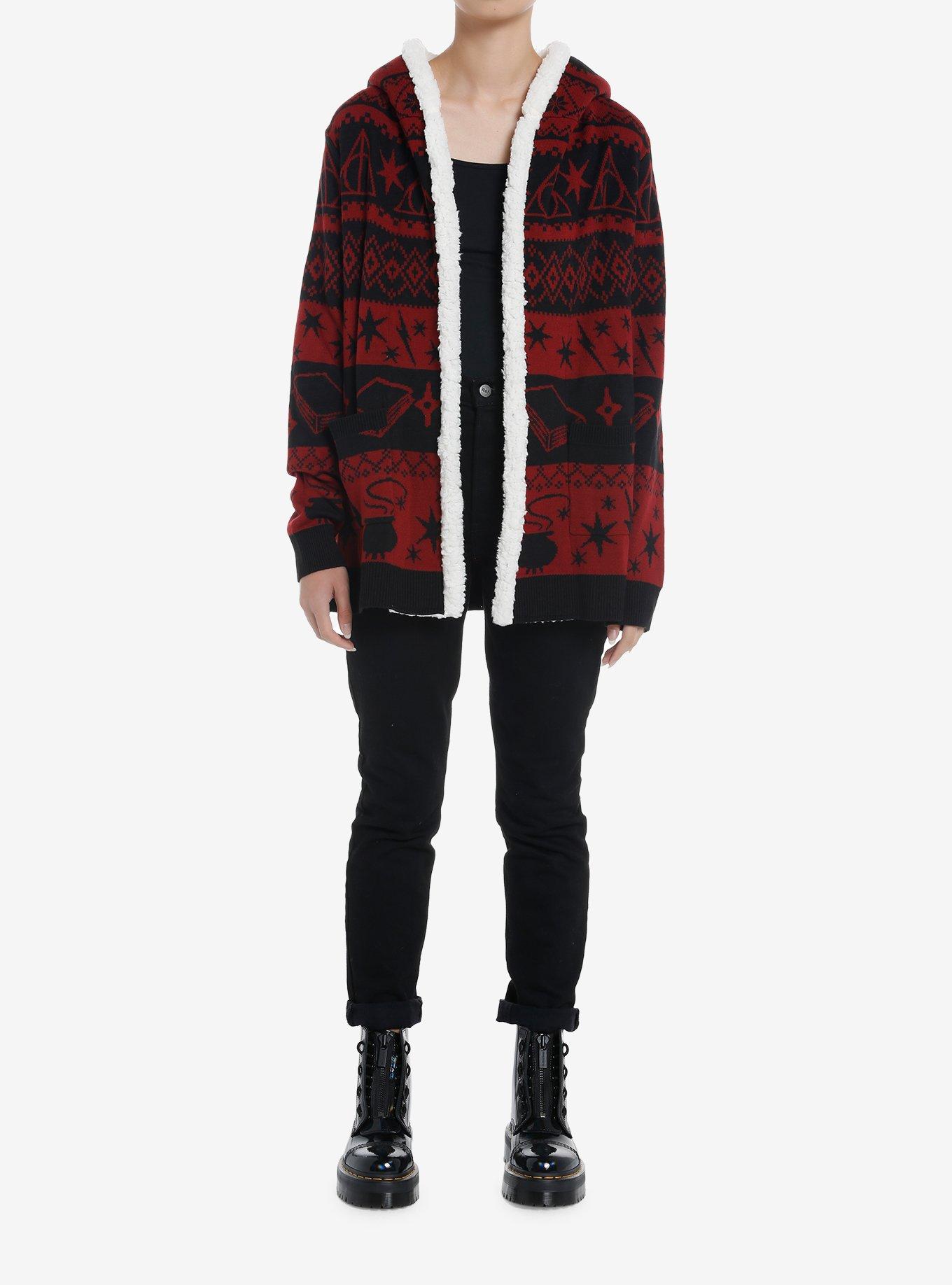 Harry Potter Deathly Hallows Fair Isle Sherpa Girls Open Cardigan, BLACK, alternate