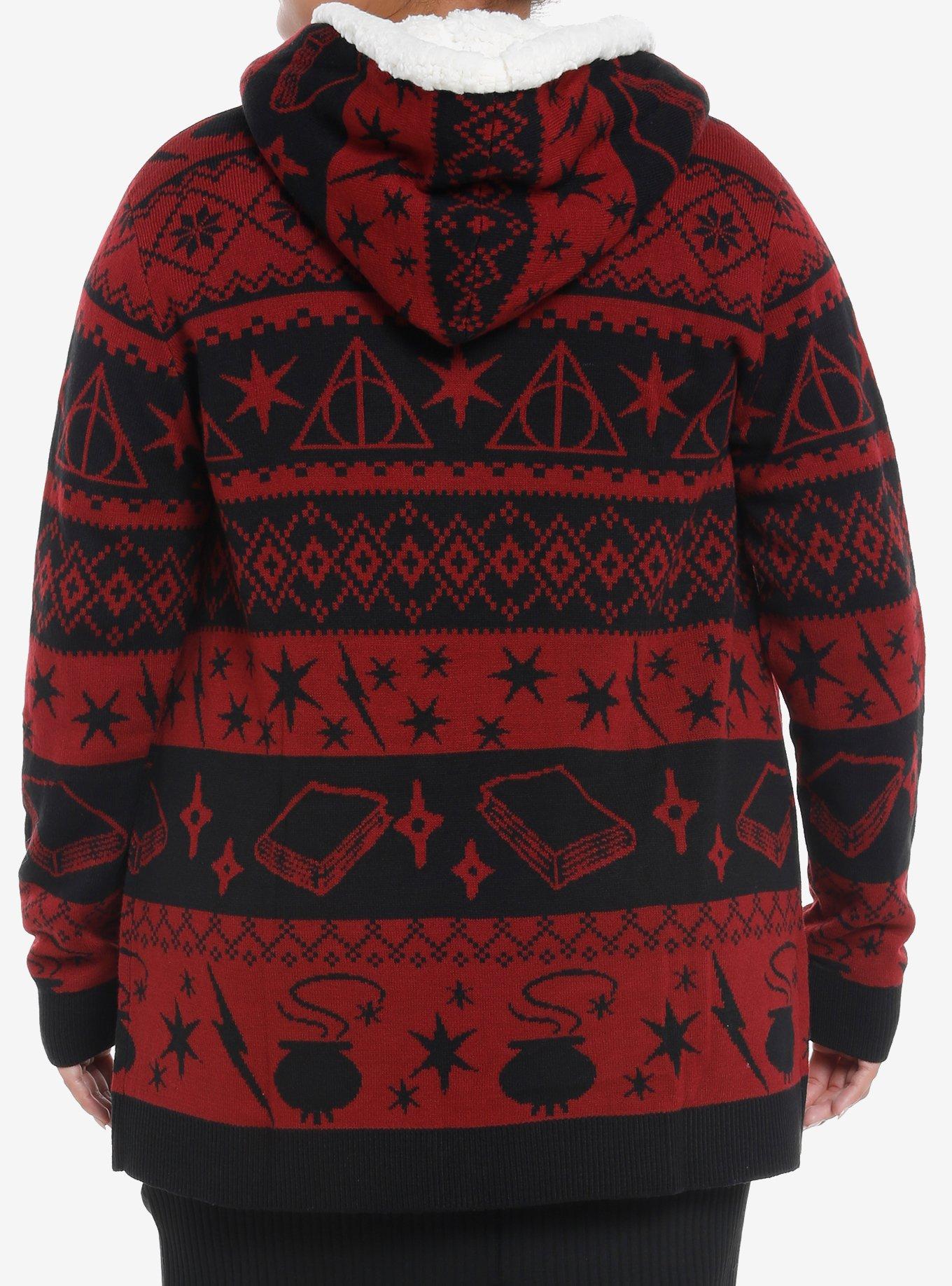 Harry Potter Deathly Hallows Fair Isle Sherpa Girls Open Cardigan Plus Size, BLACK, alternate