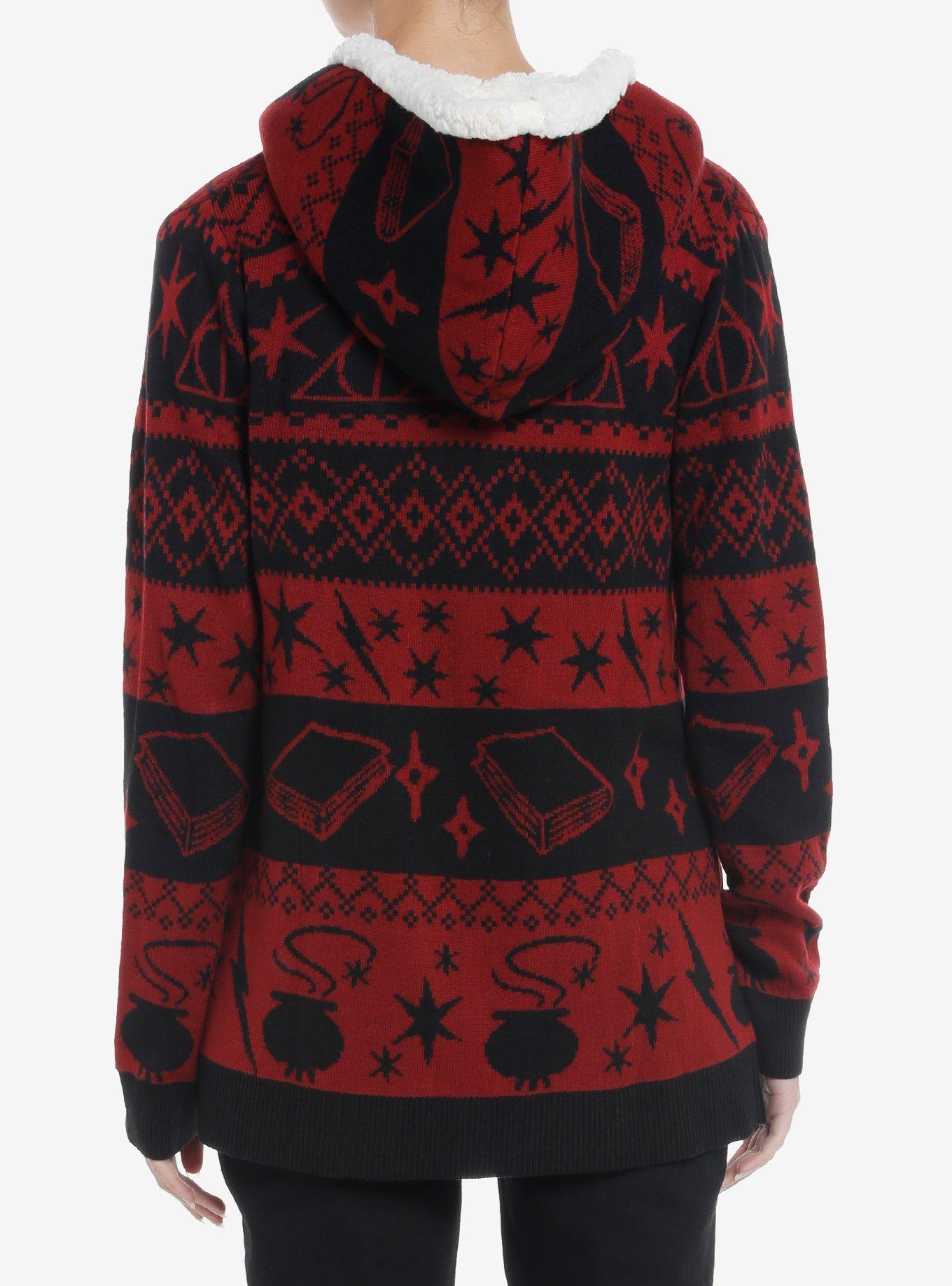 Harry Potter Deathly Hallows Fair Isle Sherpa Open Cardigan, RED  BLACK, alternate