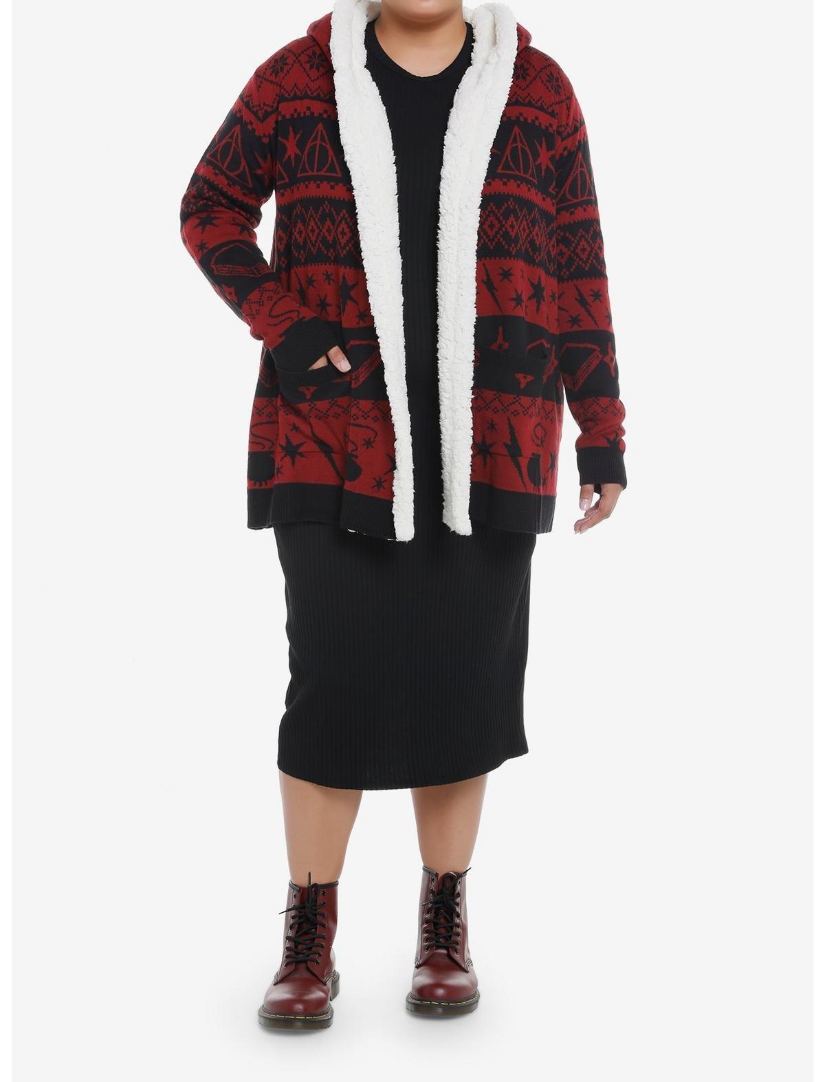 Harry Potter Deathly Hallows Fair Isle Sherpa Open Cardigan Plus Size, RED  BLACK, alternate