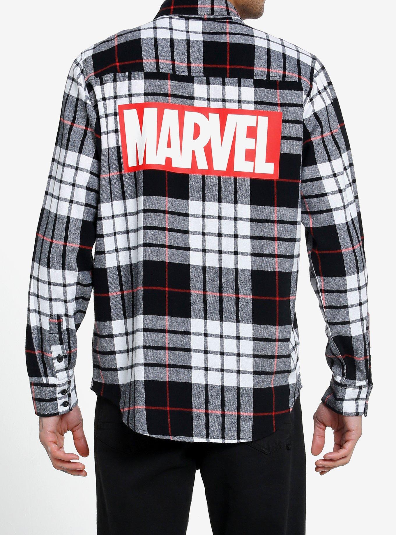 Our Universe Marvel Avengers Logo Flannel Button-Up Our Universe Exclusive, BLACK WHITE PLAID, alternate