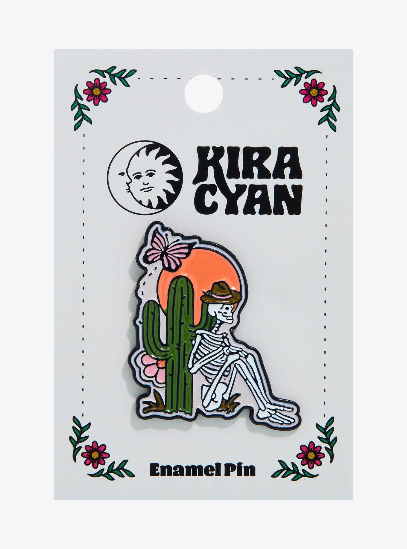 Sitting Skeleton With Cactus Enamel Pin By Kira Cyan, , hi-res