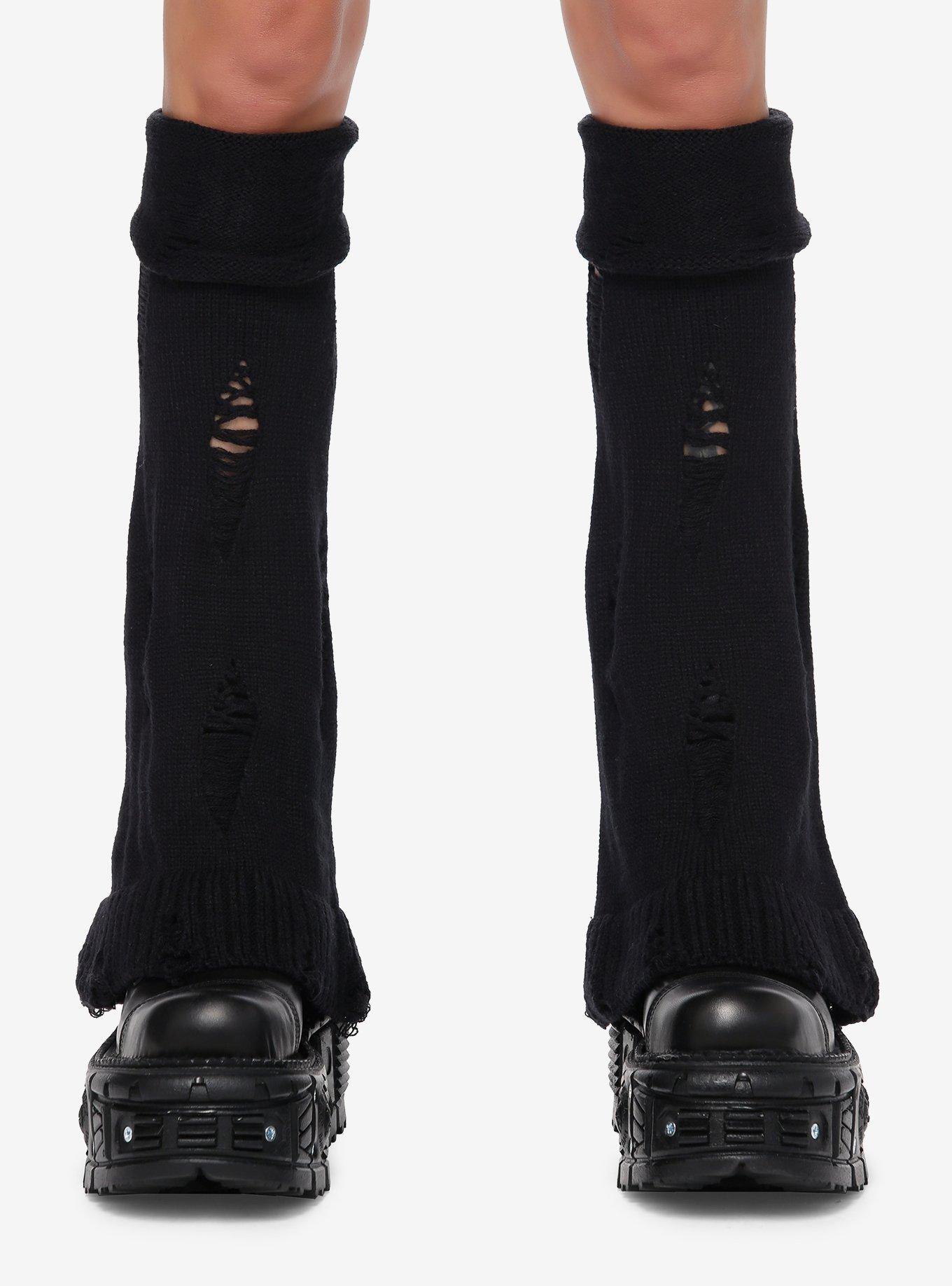 Black Distressed Flared Leg Warmers, , hi-res