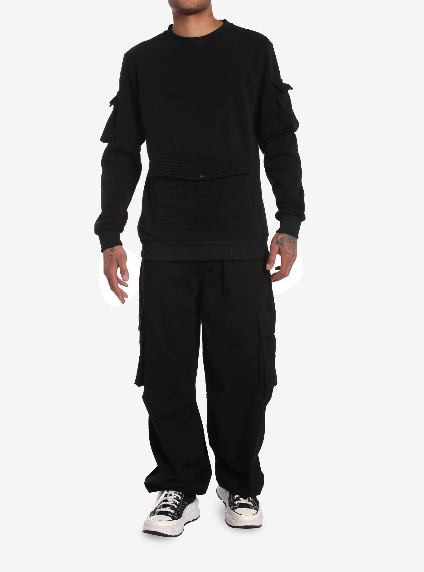 Black Ribbed Pockets Sweatshirt, BLACK, alternate