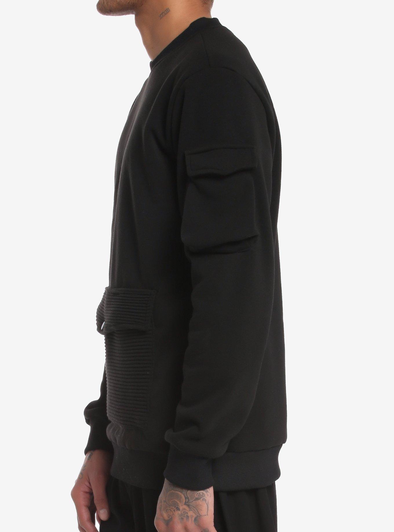 Black Ribbed Pockets Sweatshirt, BLACK, alternate