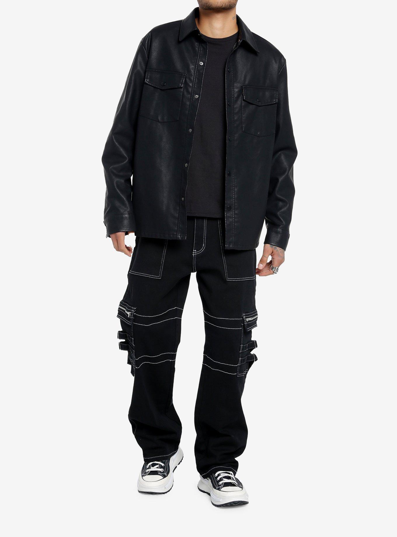 Black Faux Leather Shacket, BLACK, alternate