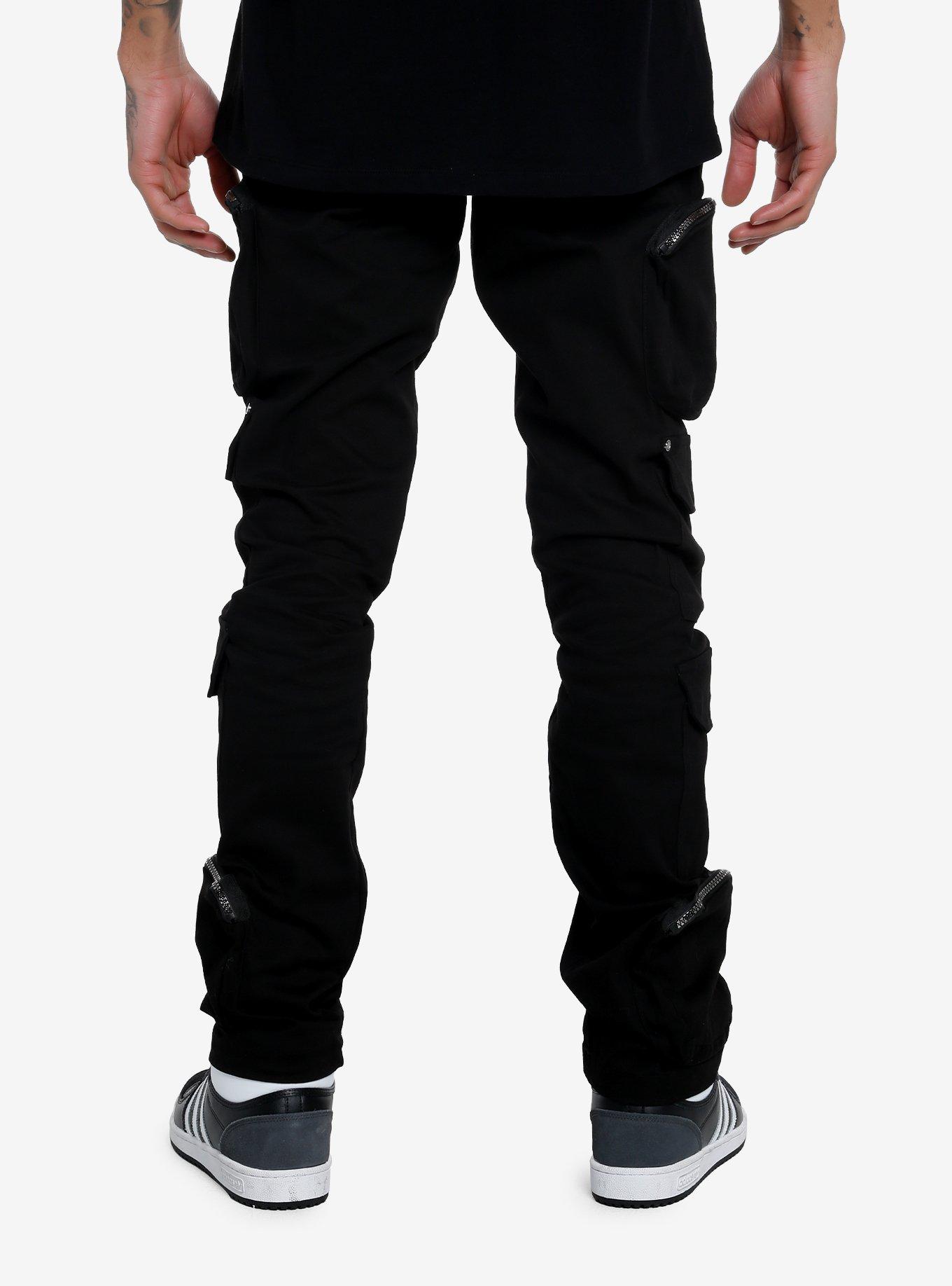 Black Zipper Cargo Pants, BLACK, alternate