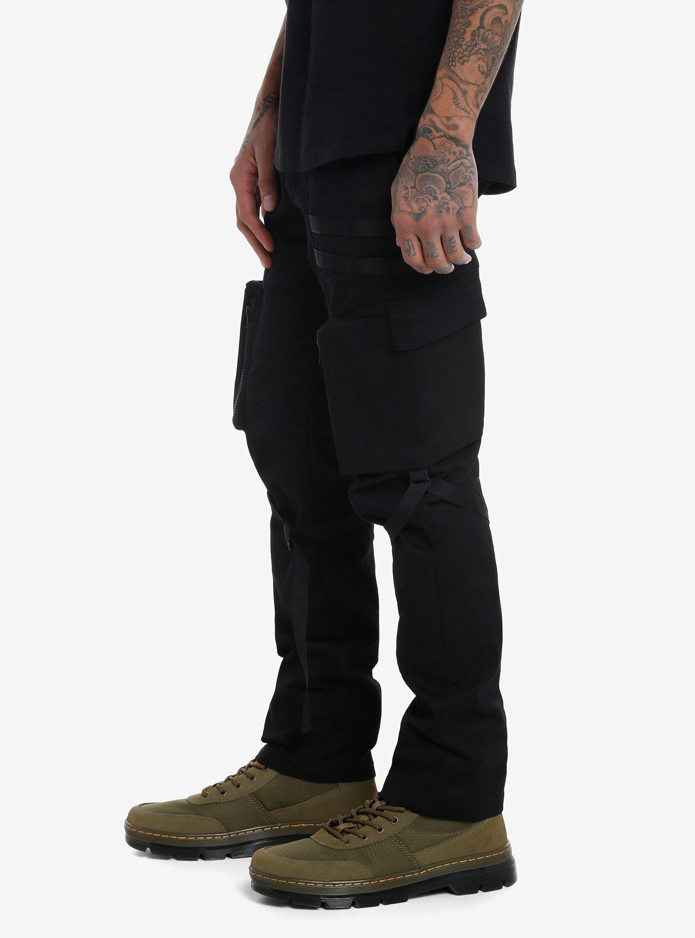 Black Tactical Strap Pocket Cargo Pants, BLACK, alternate