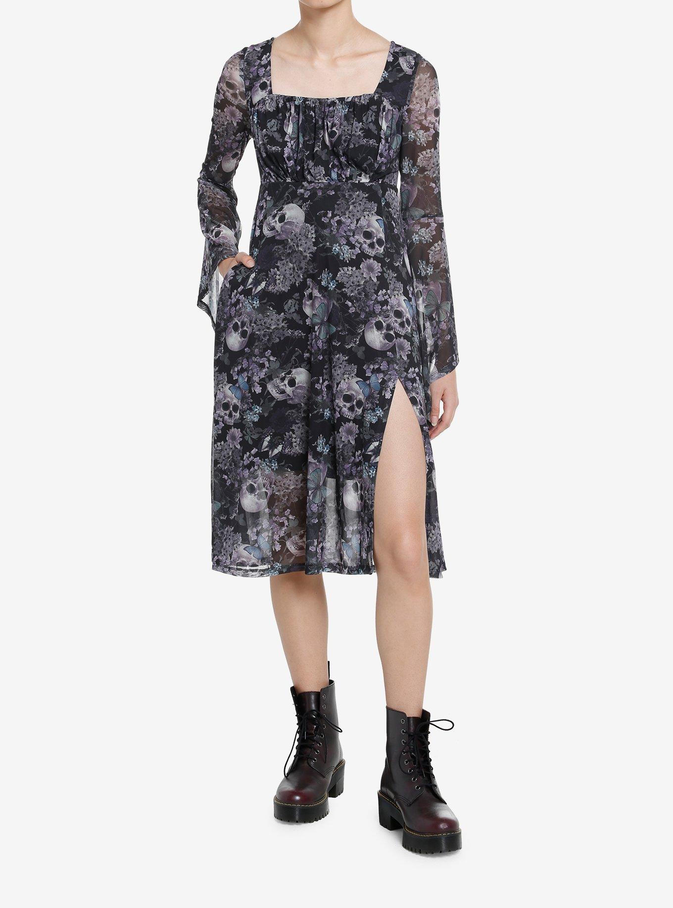 Thorn & Fable Skulls & Flowers Mesh Bell Sleeve Midi Dress, PURPLE, alternate
