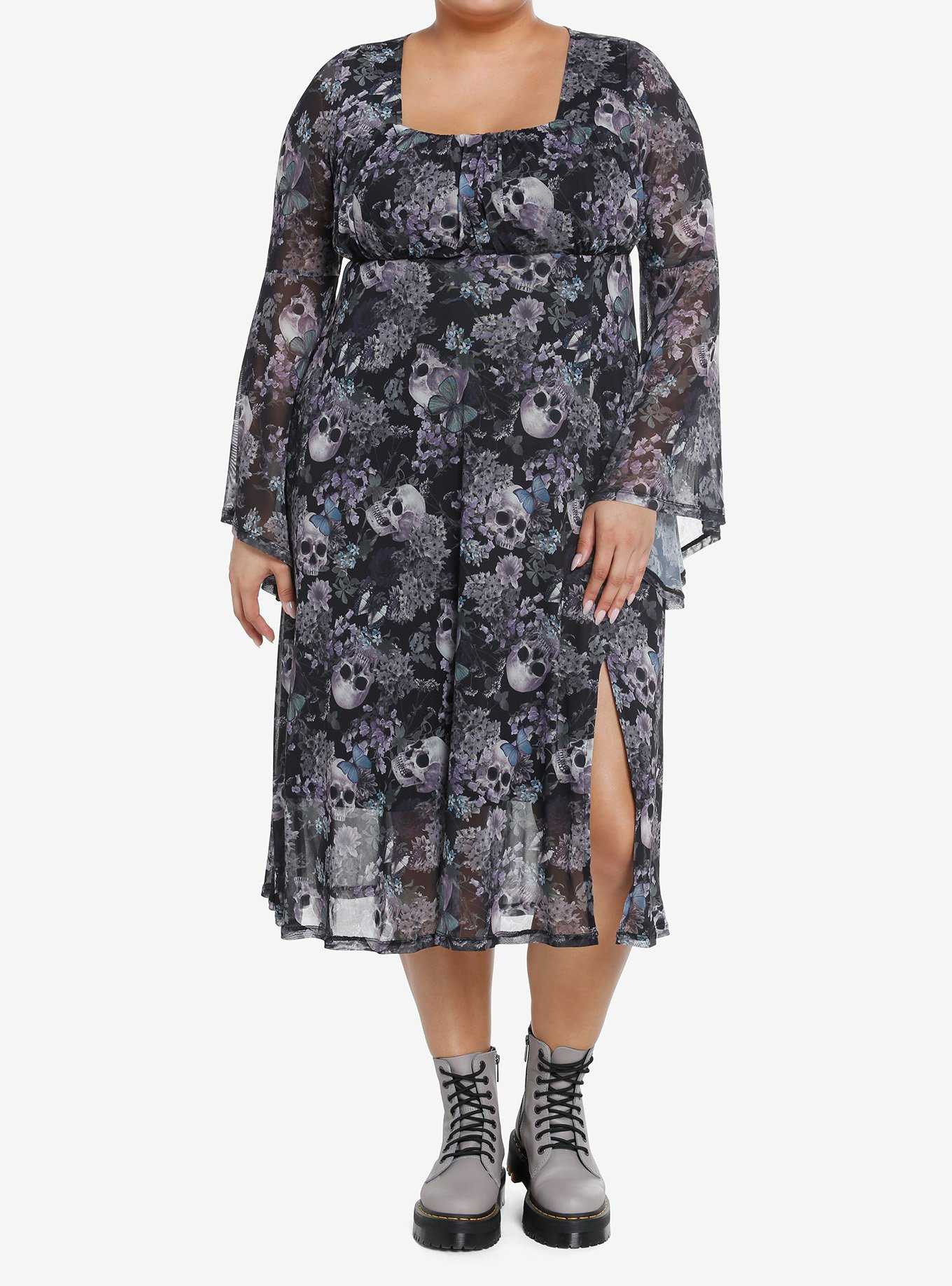 Thorn & Fable Skulls & Flowers Mesh Bell Sleeve Midi Dress Plus Size, , hi-res