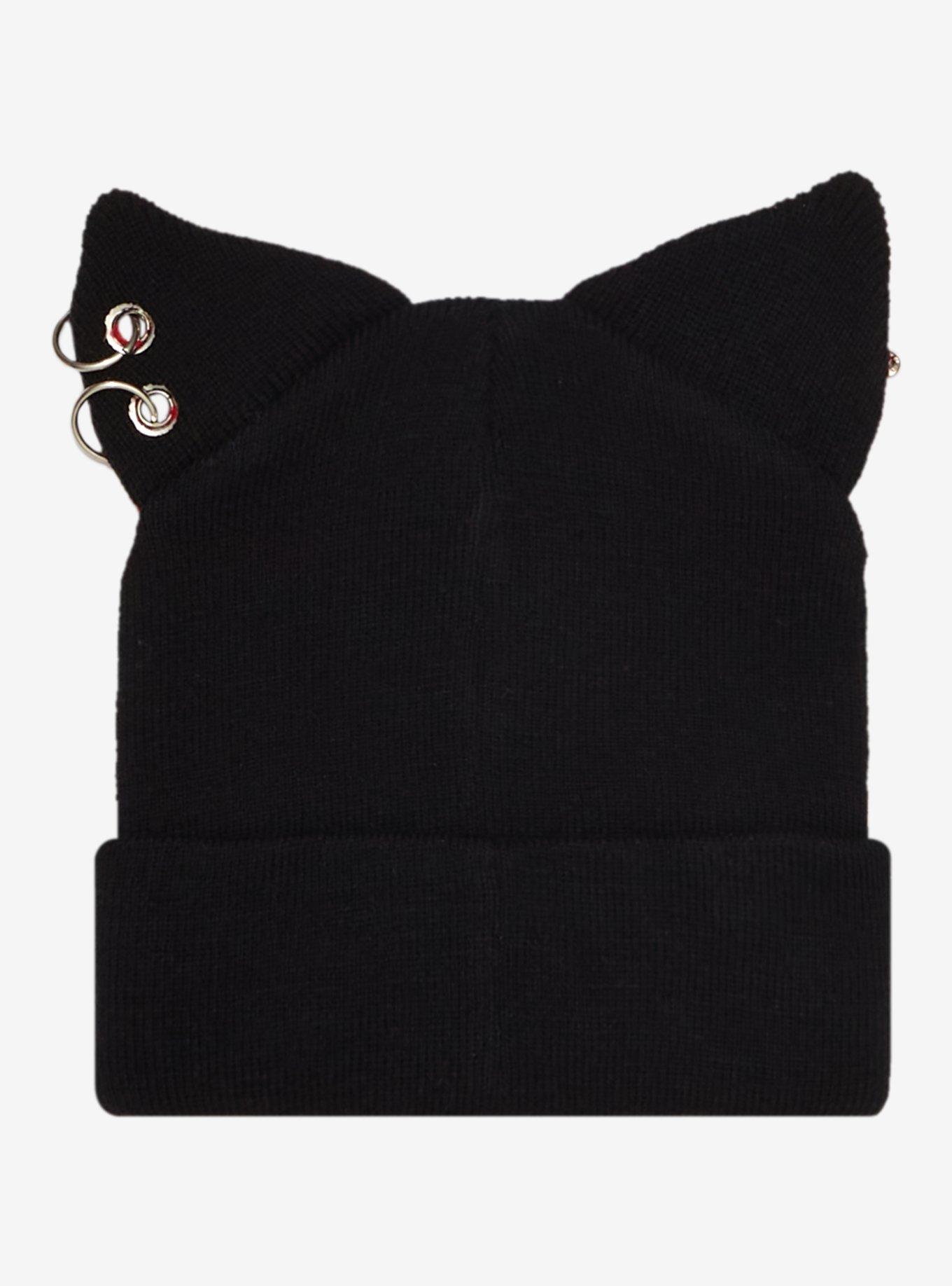 Red & Black Pierced Cat Ears Beanie, , alternate