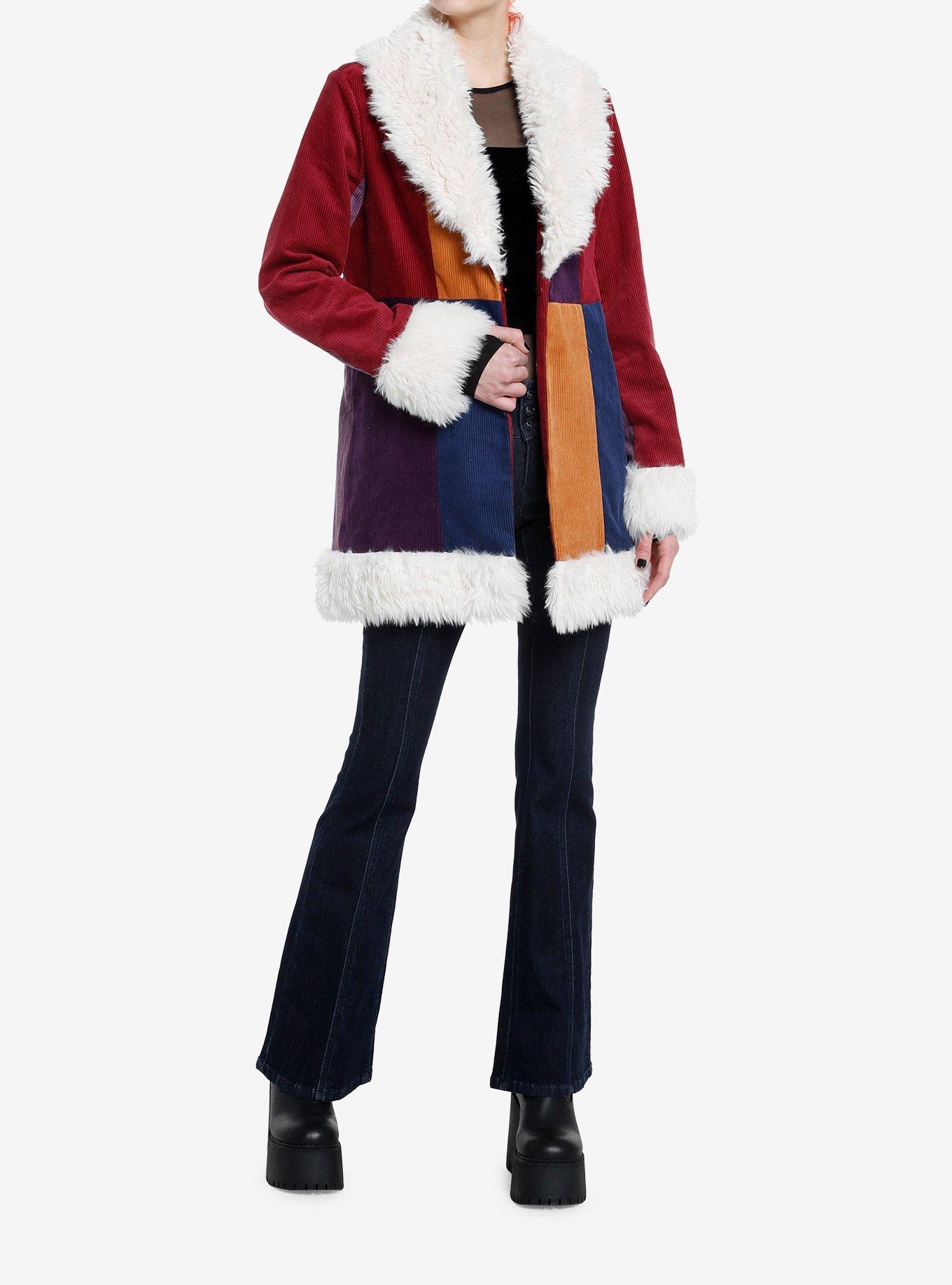 Cosmic Aura Burgundy & Purple Color-Block Faux Fur Trim Girls Coat, IVORY, alternate