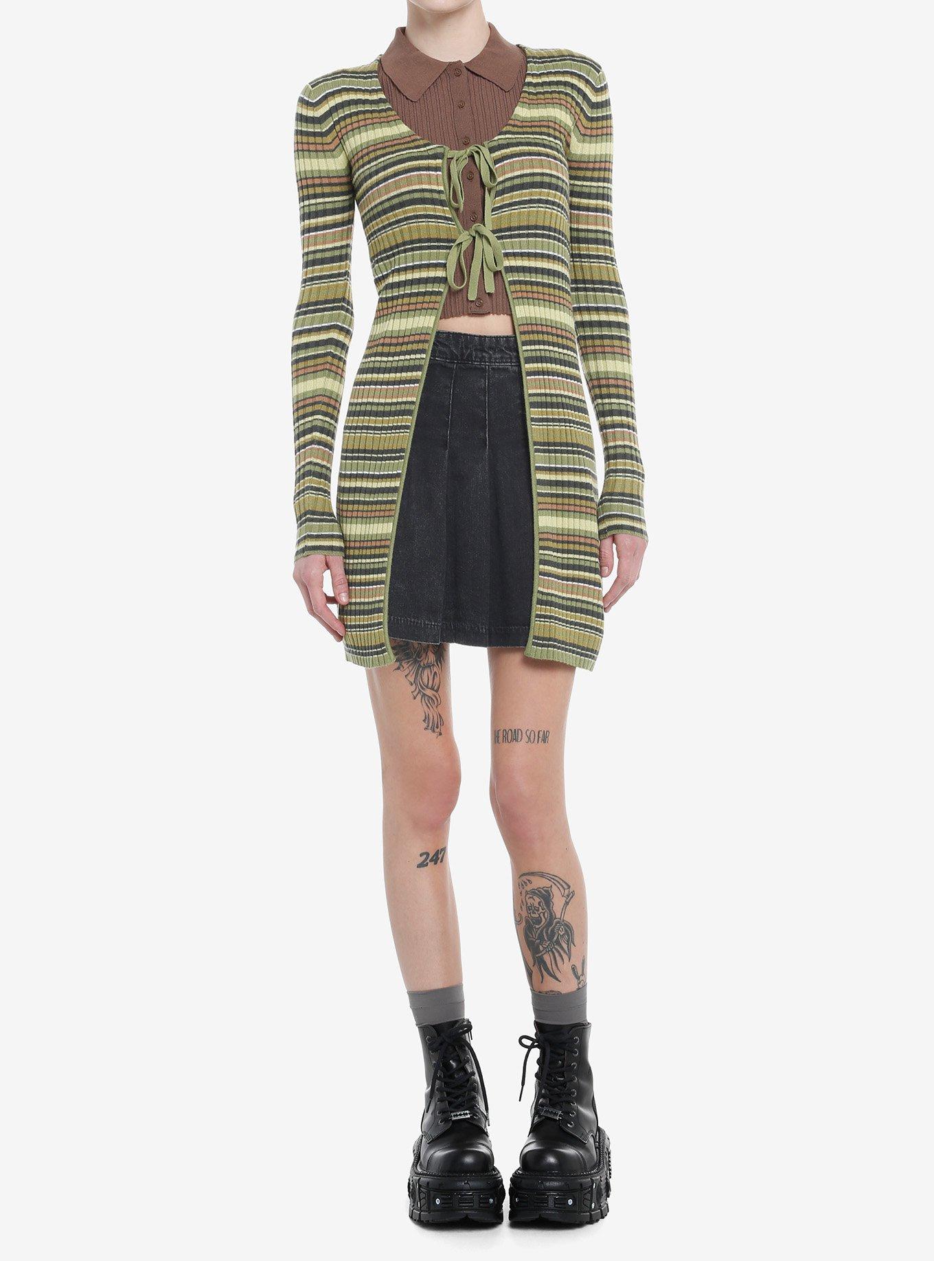 Social Collision Green & Brown Stripe Longline Girls Cardigan, BROWN, alternate