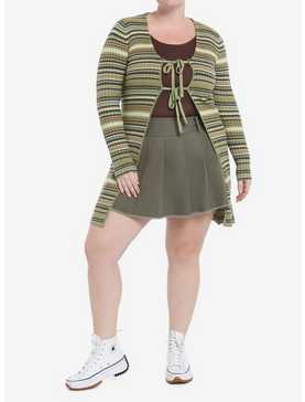 Social Collision Green & Brown Stripe Longline Girls Cardigan Plus Size, , hi-res