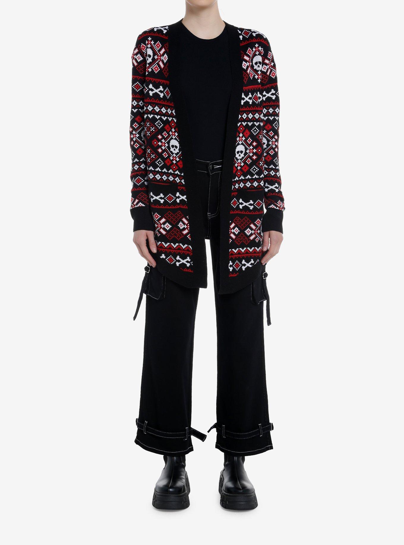Social Collision Black & Red Skull Fair Isle Girls Cardigan, RED, alternate