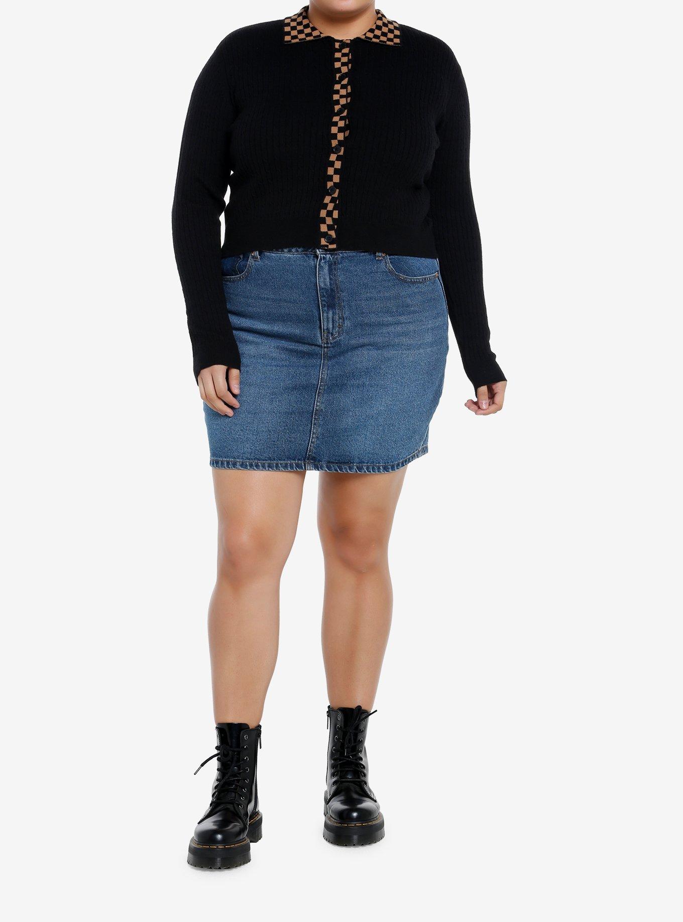 Social Collision Brown & Black Checkered Knit Girls Long-Sleeve Top Plus Size, , hi-res