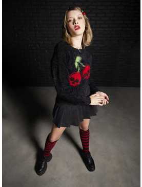 Social Collision Skull Cherry Girls Fuzzy Sweater, , hi-res