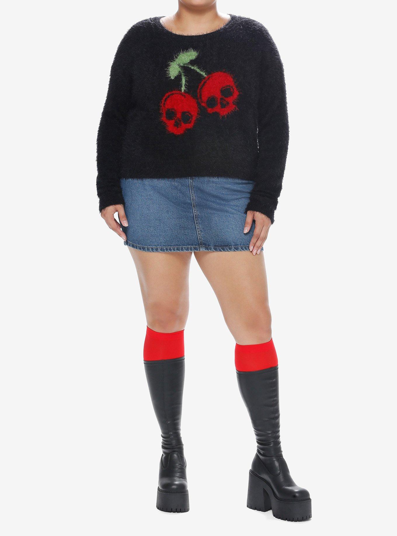Social Collision Skull Cherry Girls Fuzzy Sweater Plus Size, RED, alternate