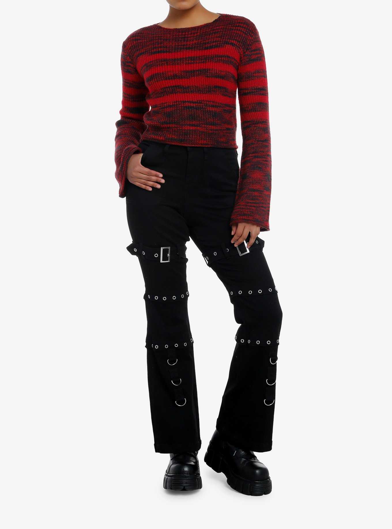 Social Collision Black & Red Stripe Girls Crop Sweater, , hi-res