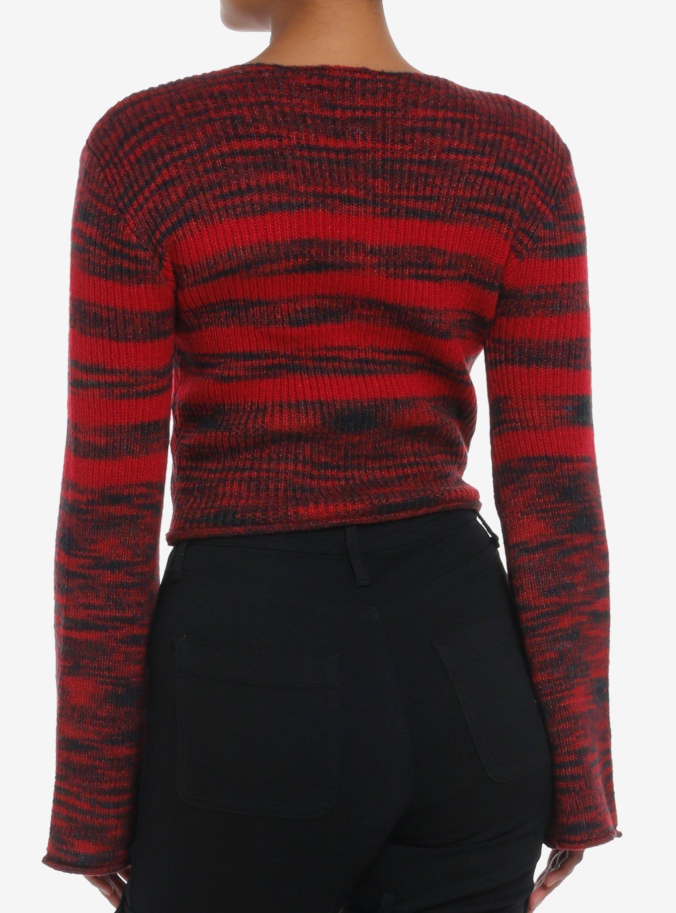 Social Collision Black & Red Stripe Girls Crop Sweater, RED, alternate