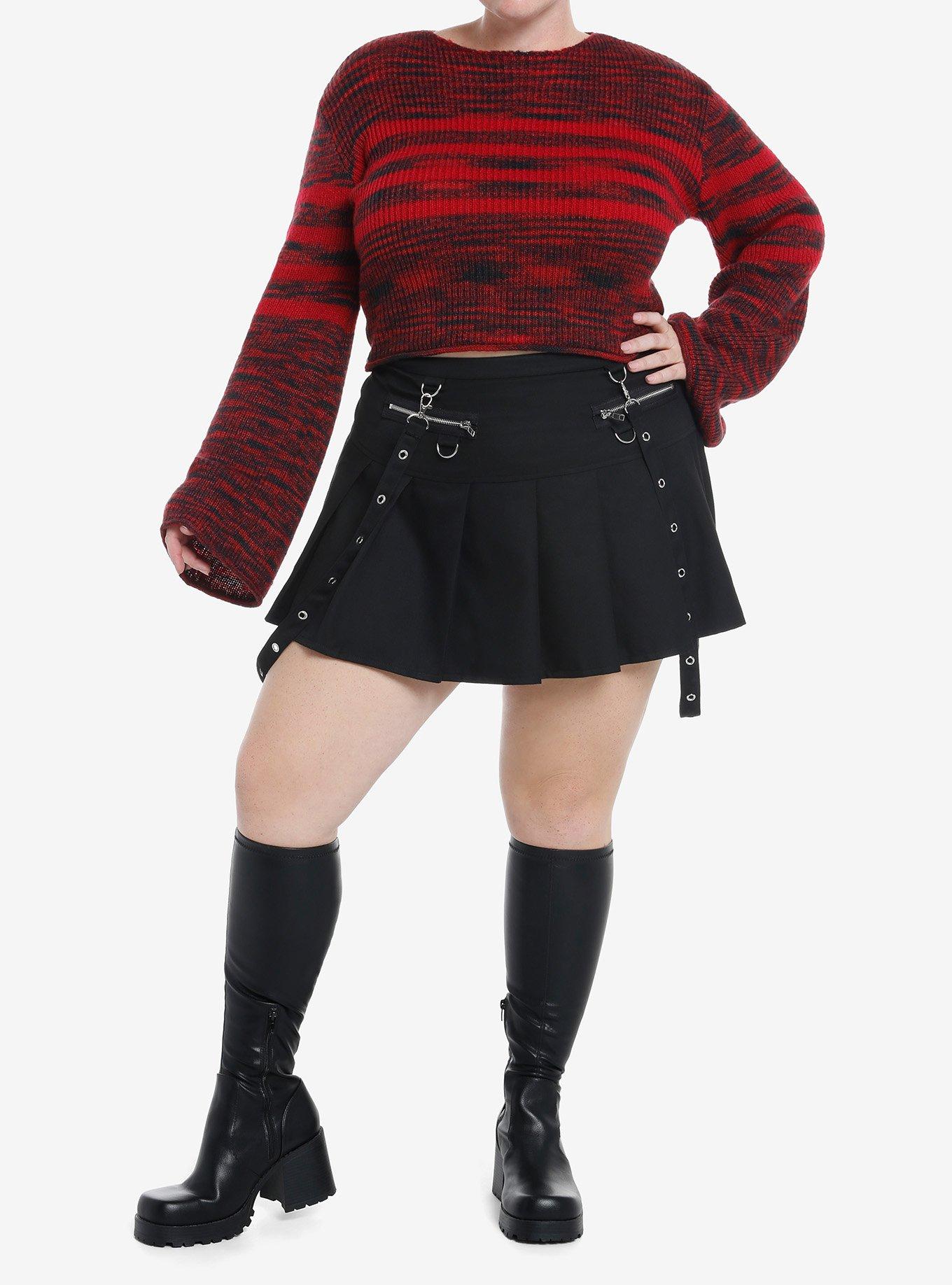 Social Collision Black & Red Stripe Girls Crop Sweater Plus Size, RED, alternate