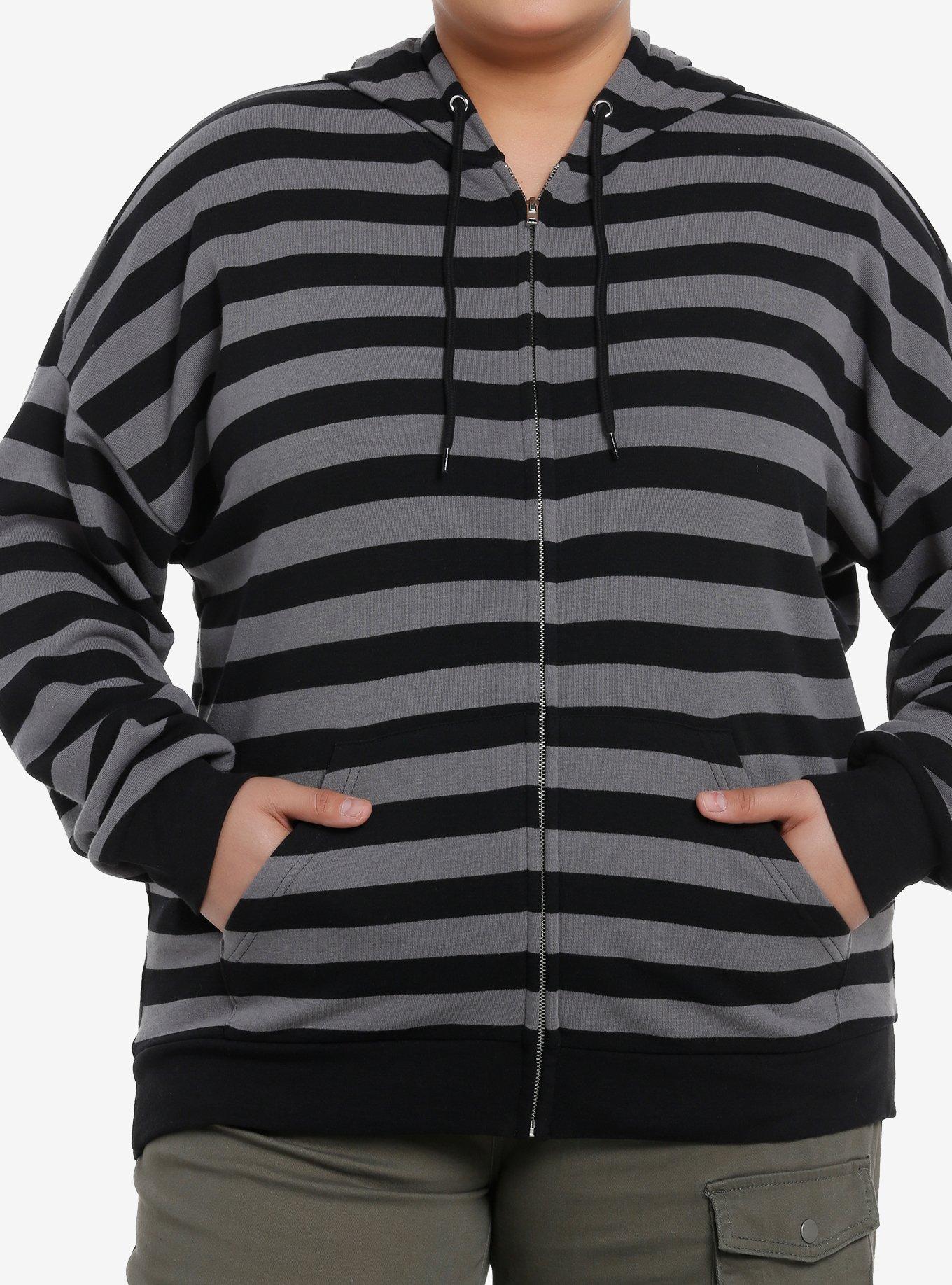 Social Collision Black & Grey Stripe Star Girls Hoodie Plus Size, GREY, alternate
